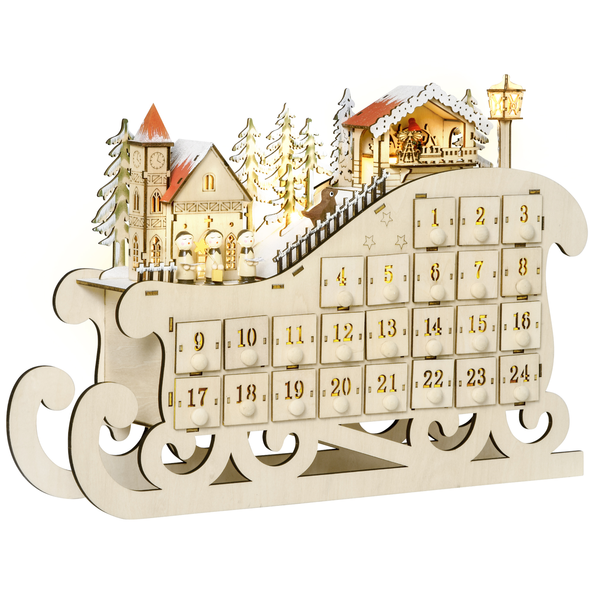 Adventskalender zum Befüllen 24 Schubladen Fächer Weihnachtskalender mit LED-Lichtern Schlitten-Form Adventskalenderbox Weihnachtsdekoration DIY Sperrholz-Platte Naturholz 45 x 10 x 31 cm Adventskalender zum Befüllen 24 Schubladen Fächer Weihnachtskalender mit LED-Lichtern Schlitten-Form Adventskalenderbox Weihnachtsdekoration DIY Sperrholz-Platte Naturholz 45 x 10 x 31 cm