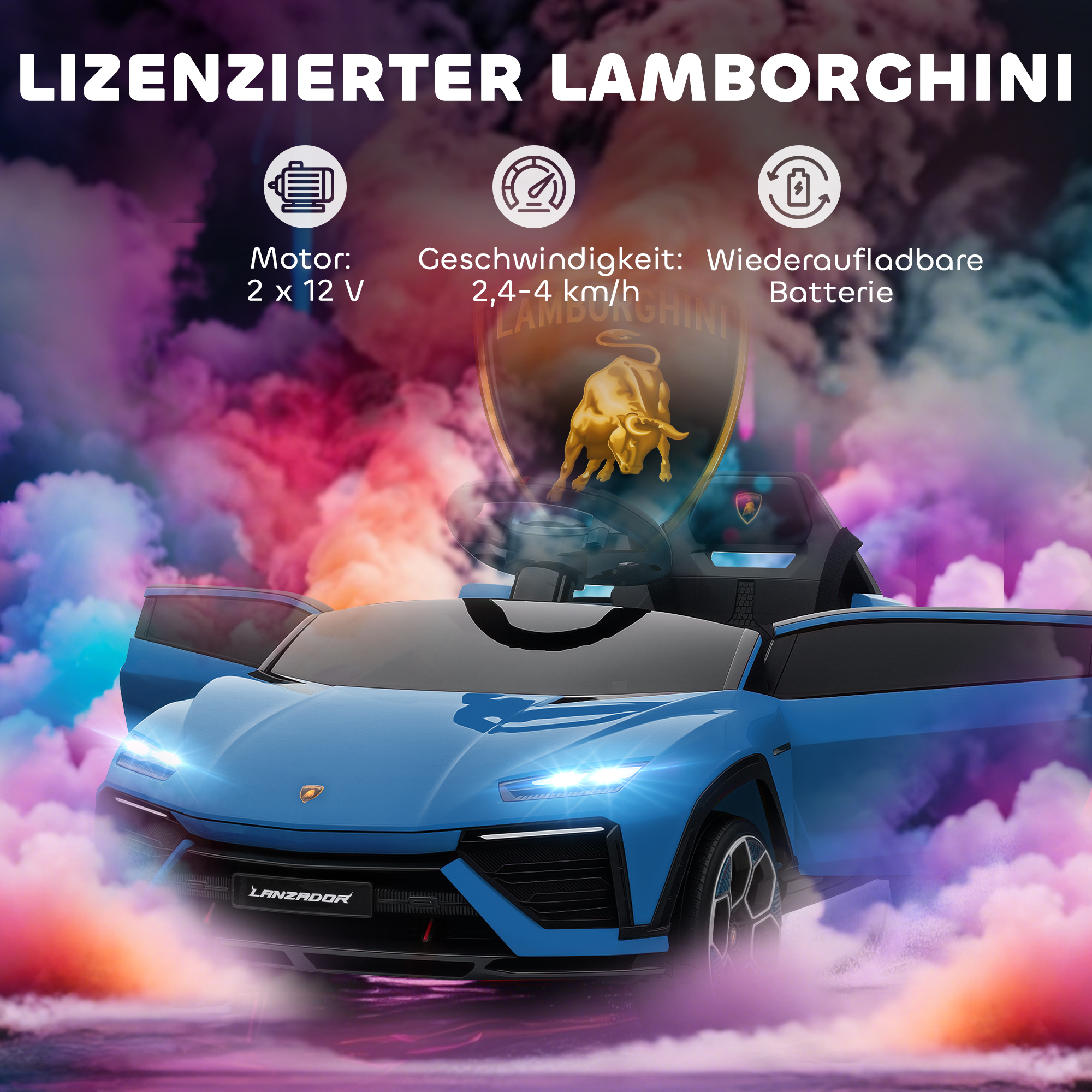 Kinder Elektroauto 12V Kinderauto mit 2,4 GHz Fernbedienung, 2 Motor, Hupe, LED, Musik, 101,5 x 49 x 43 cm, Blau