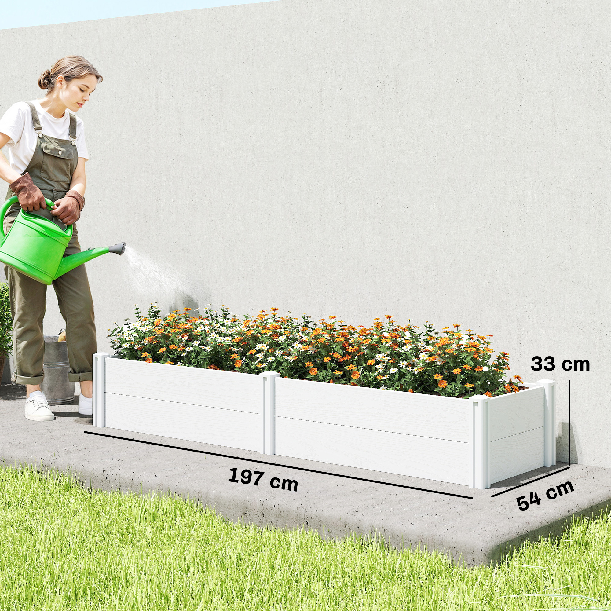 Hochbeet Kunststoff, Steckbar Pflanzbeet mit DIY-Montage Frühbeet 197 x 54 x 33 cm Weiß