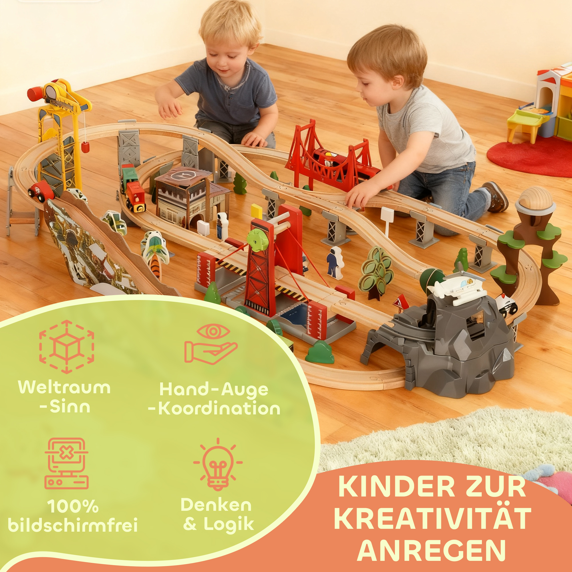 Holzzug-Set, 100 Teile, magnetischer Kran, Buchenholz, Bunt