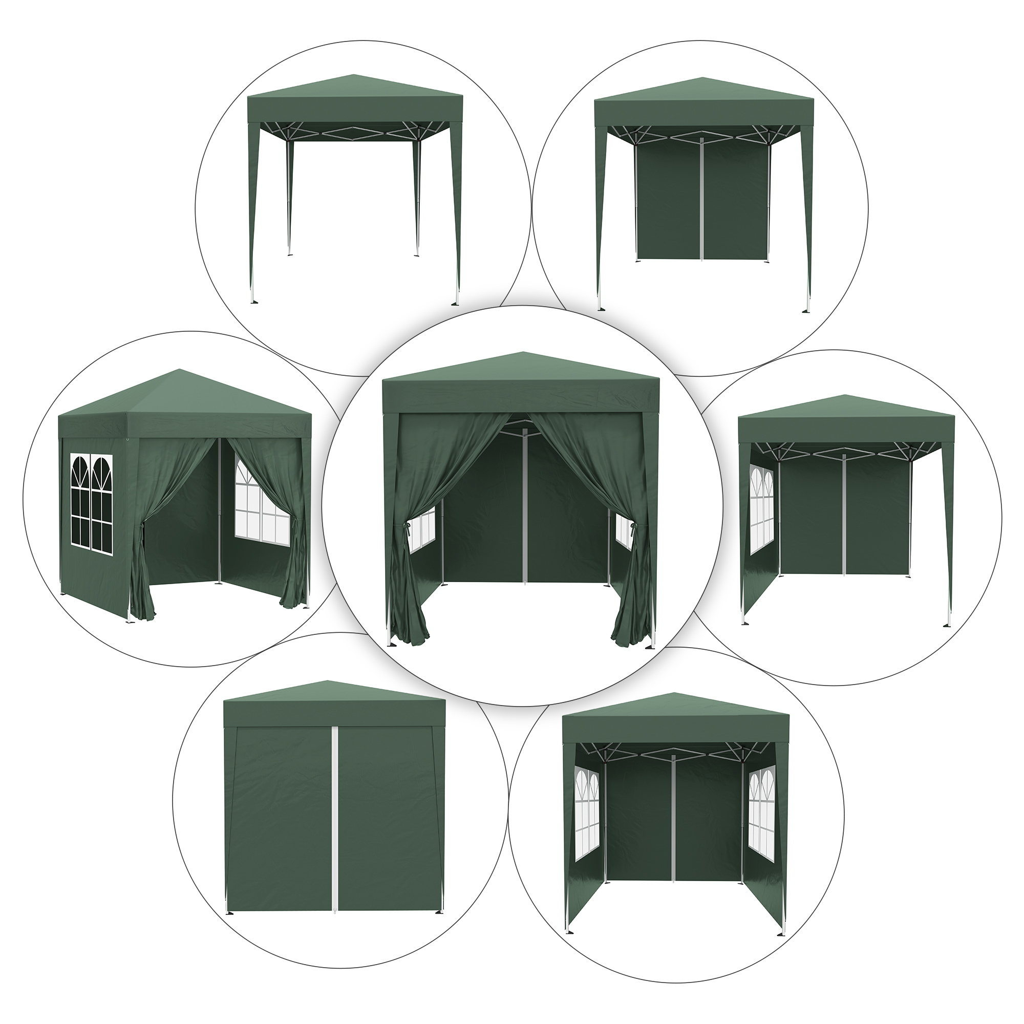 Faltpavillon, Bierzelt, 4 abnehmbare Seitenwände, 2 Fenster, Metallrahmen, 2 x 2m, Dunkelgrün