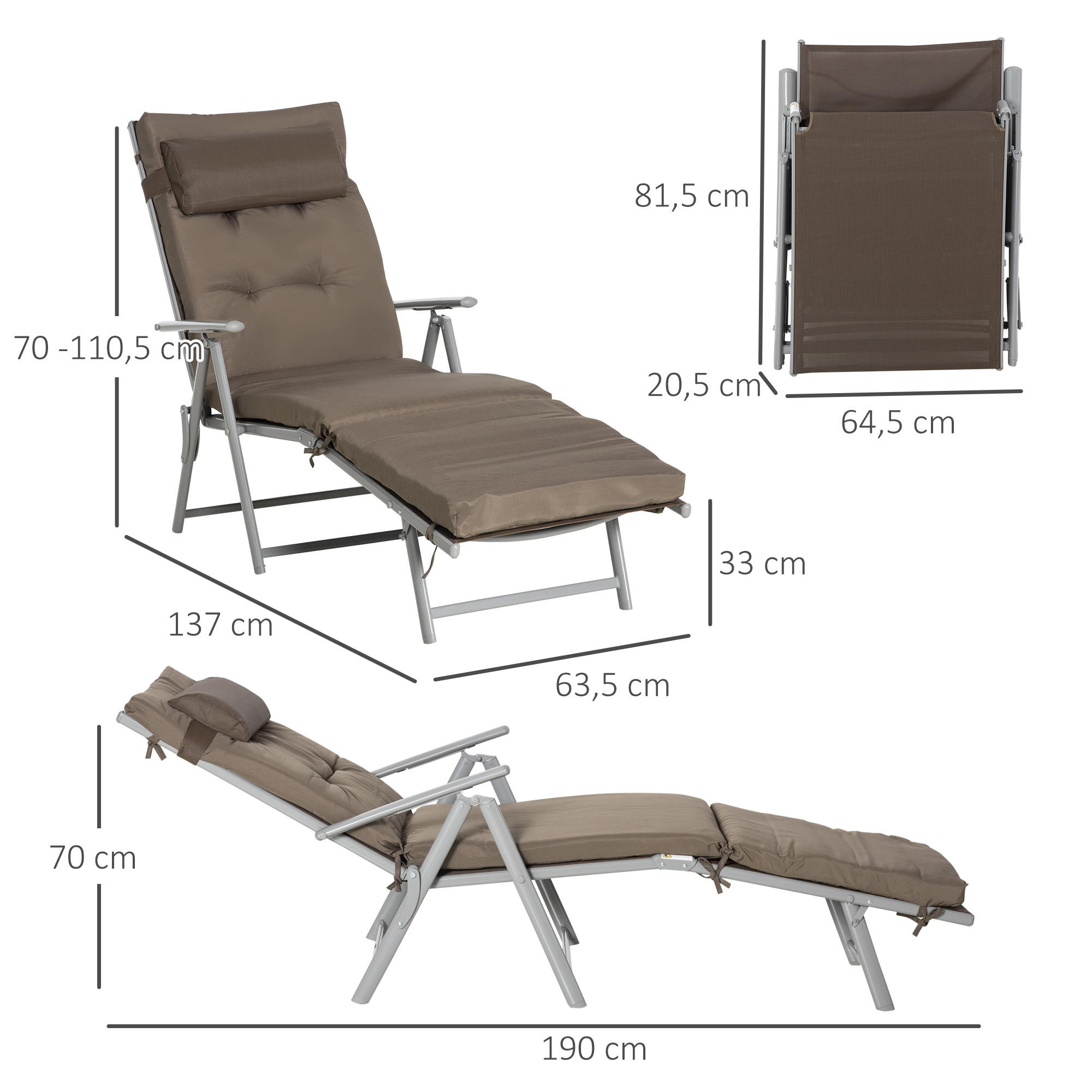 Sonnenliege Strandliege Gartenliege klappbar verstellbar mit Kissen Garten Metall Stoff Braun+Silber 137 x 63,5 x 100,5 cm
