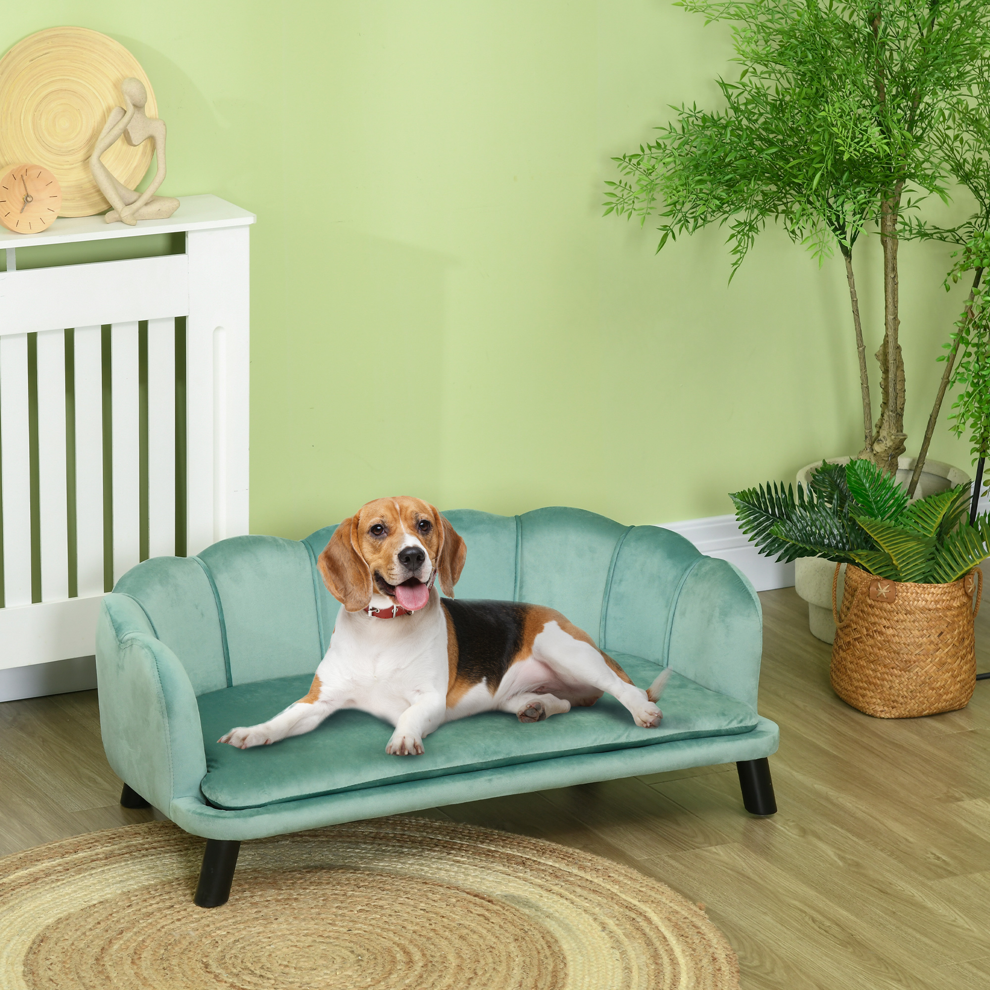 Haustiersofa für mittelgroße und große Hunde bis 25 kg, robustes Holz, gepolstert, Grün