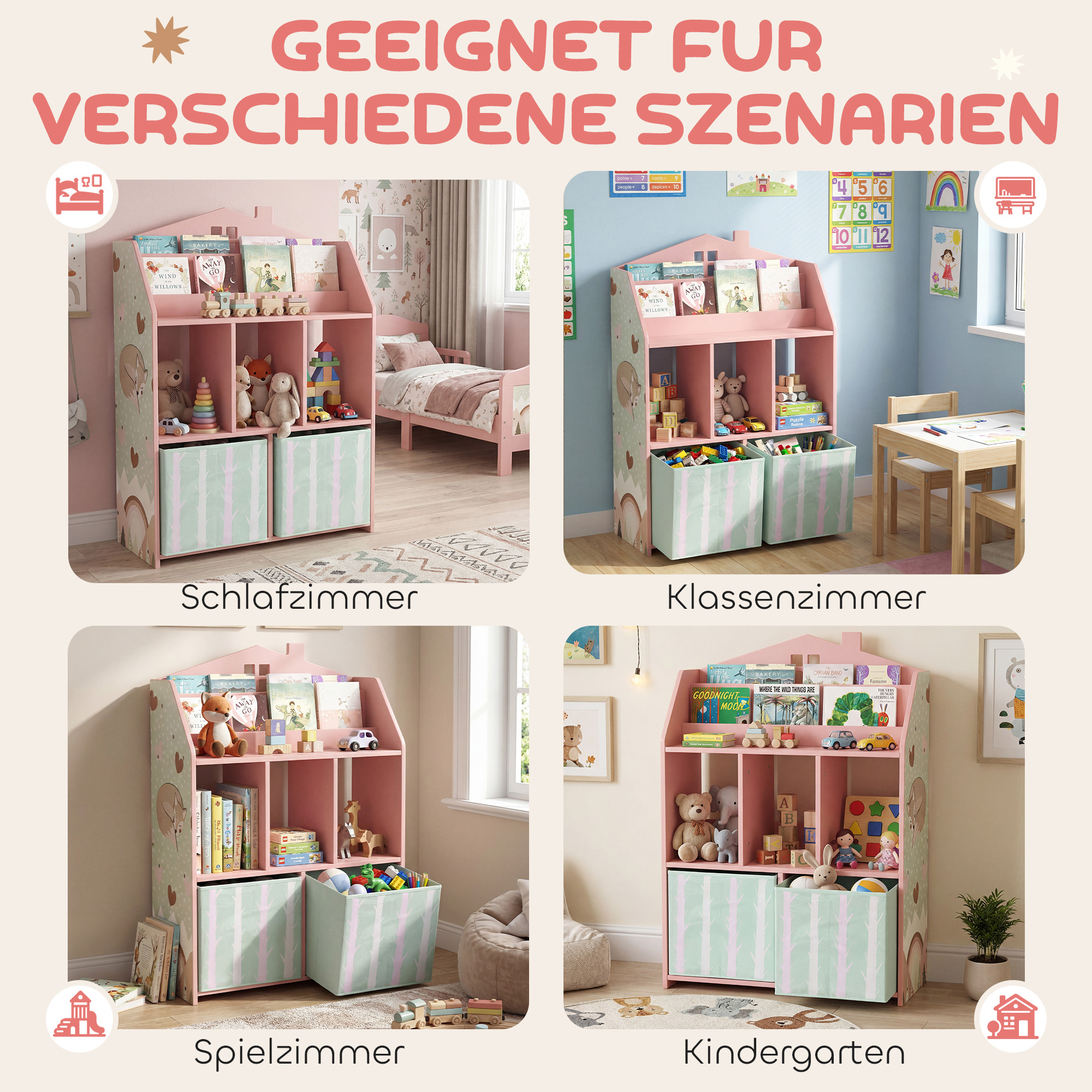Kinderregal Bücherregal Kinder mit 2 Stoffschubladen offen Regal für 3-8 Jahre 62,5x30x91,5 cm Rosa