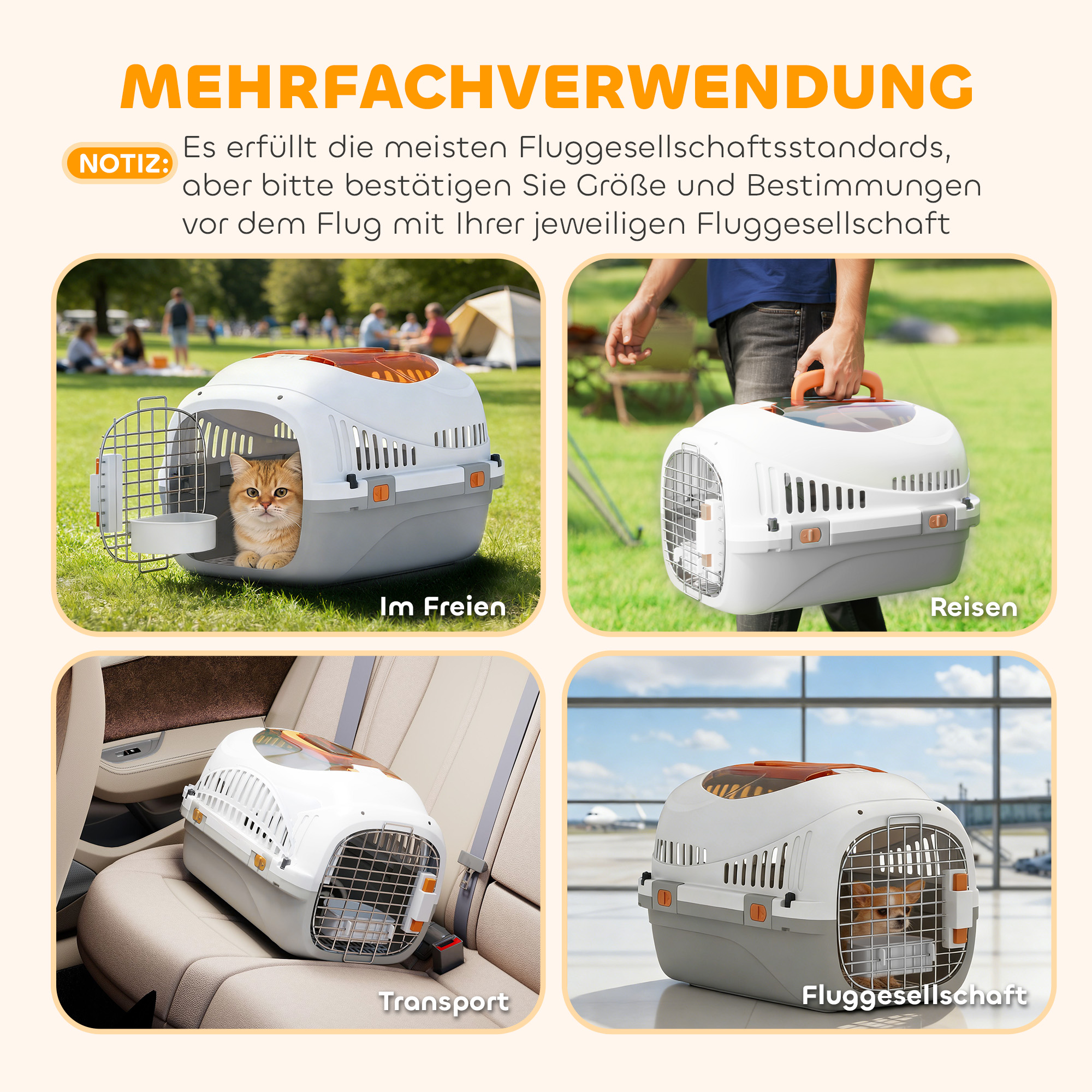 Transportbox Hundetransportbox für Katze Miniaturhunde bis 4kg Hundebox mit Dachöffnung Futternapf 49x32x31cm Hellgrau