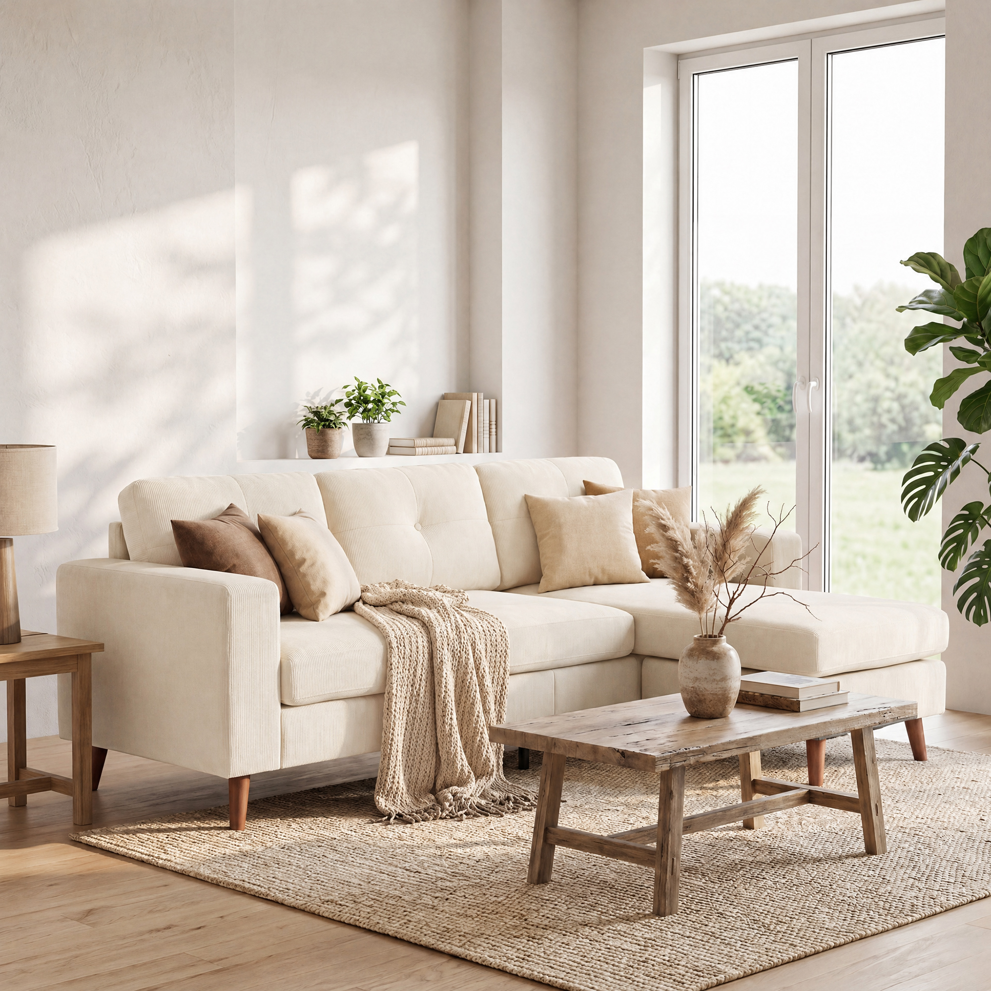 Ecksofa 192 cm L-Form 3-Sitzer Sofa mit umkehrbarer Chaiselongue, Cord-Optik, für kleinen Raum, Cremeweiß