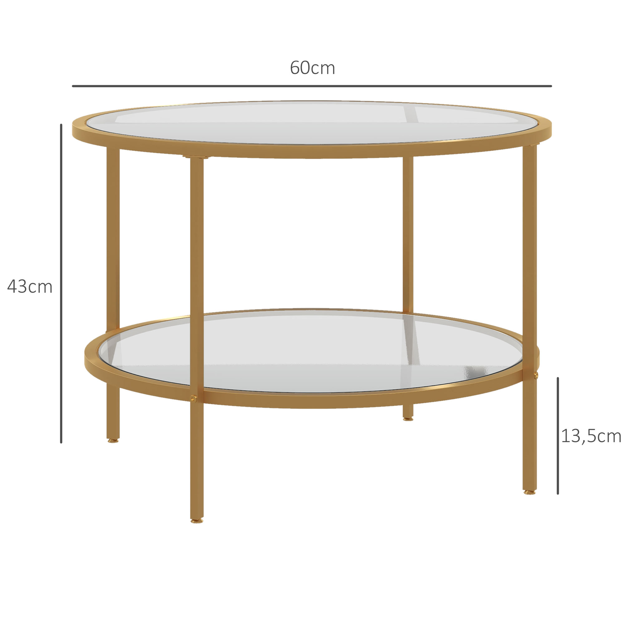 Beistelltisch, modernes Design, 2 Etagen, Ø60x43H cm, Goldton