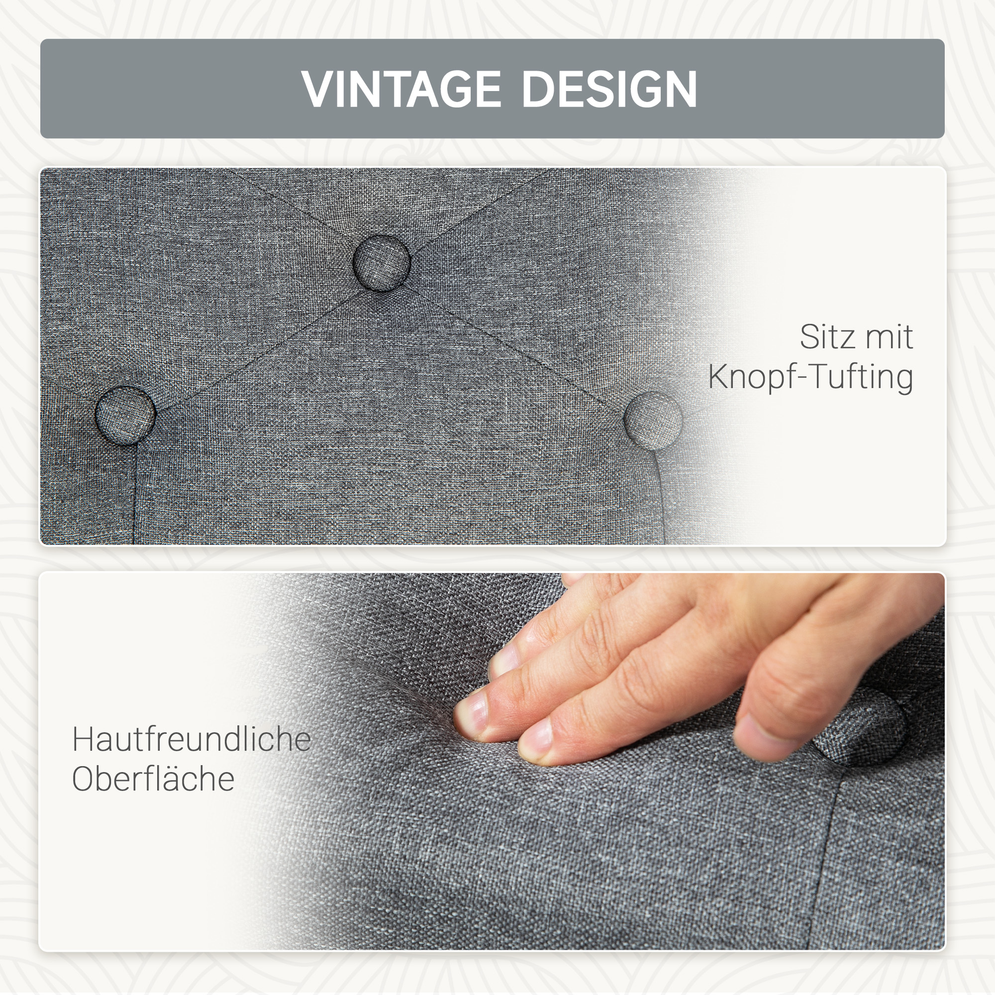 Sitzbank, Polsterbank mit Stauraum, leinenartiges Polyester, Kautschukholz, 100 x 40 x 44 cm, Hellgrau