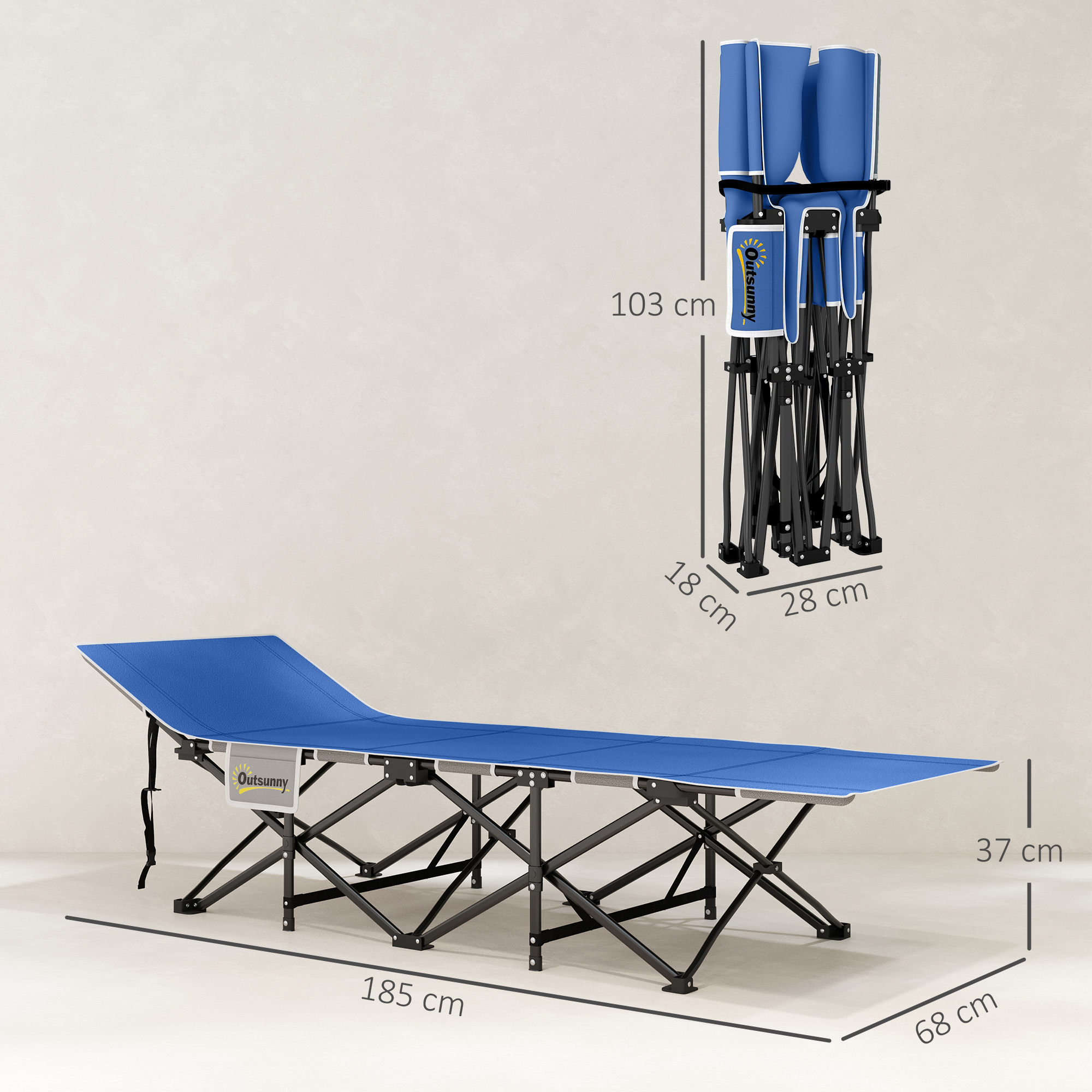 Feldbett faltbar Campingbett mit Matratze Kopfkissen Seitentasche 185 x 68 x 37 cm bis 150 kg Dunkelblau