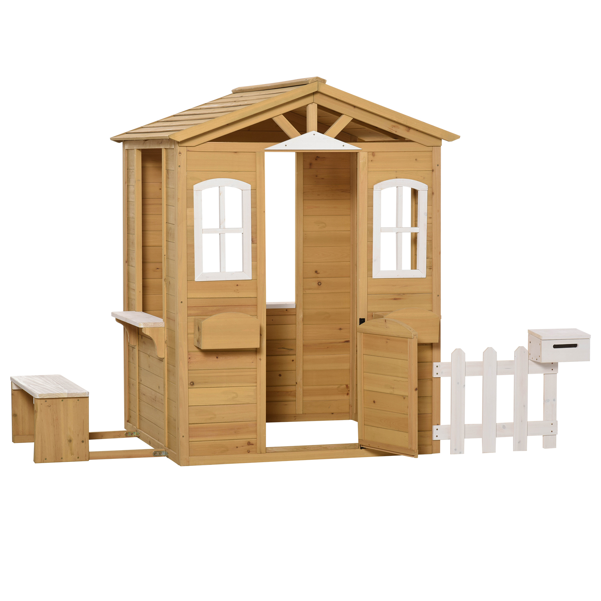 Kinderspielhaus aus Holz Spielhaus Outdoor mit Tür, Fenster und Pflanzkasten Briefkasten Bank für Kinder 3-6 Jahre Kinderspielhaus aus Holz Spielhaus Outdoor mit Tür, Fenster und Pflanzkasten Briefkasten Bank für Kinder 3-6 Jahre