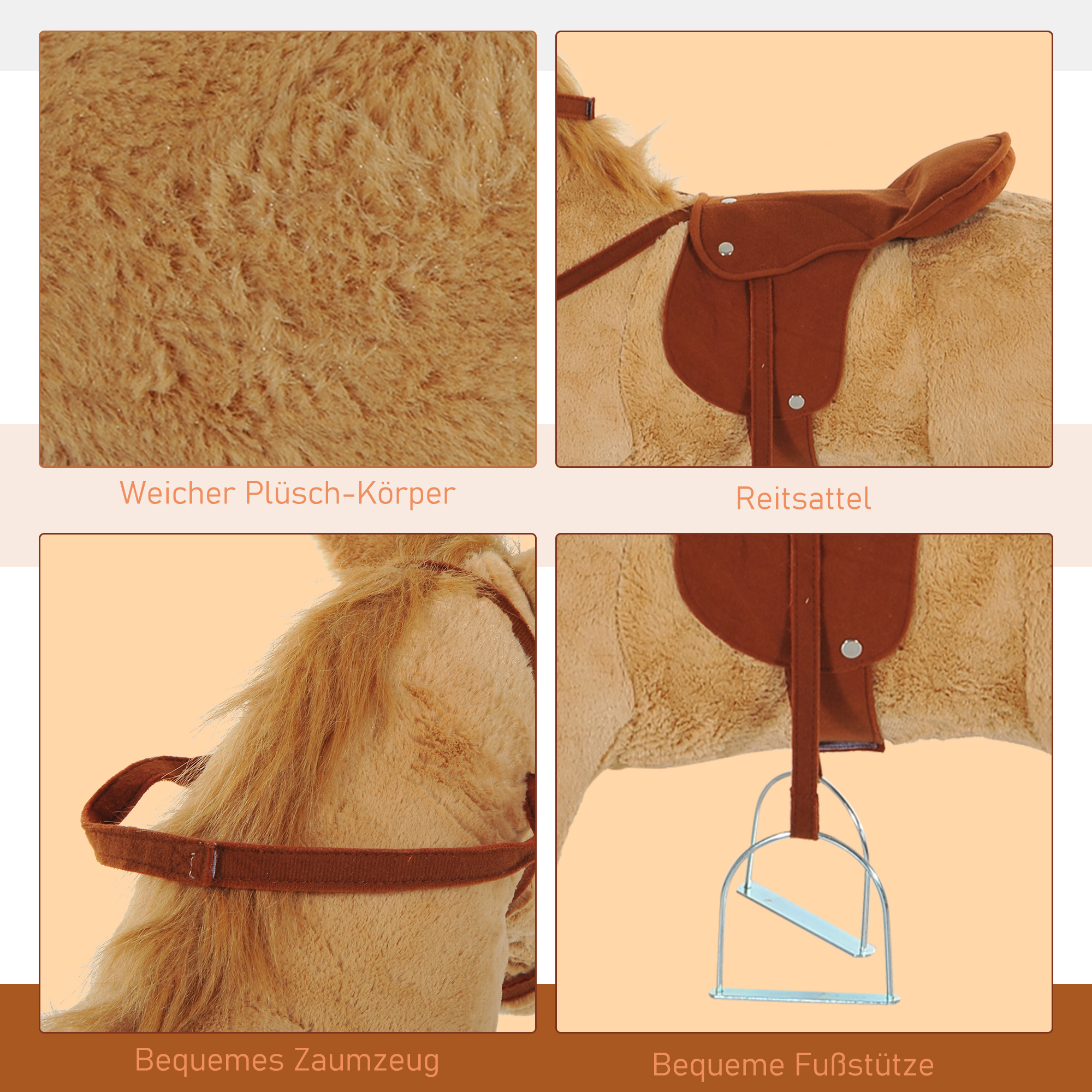 Reitpferd auf Rollen 60 cm Stehpferd mit Sattel, Zaumzeug Steigbügel Sound Spielpferd zum Reiten Draufsitzen Schaukeltier für Kinder ab 2 Jahre, Schaukelpferd Plüschpferd Indoor Outdoor Beige