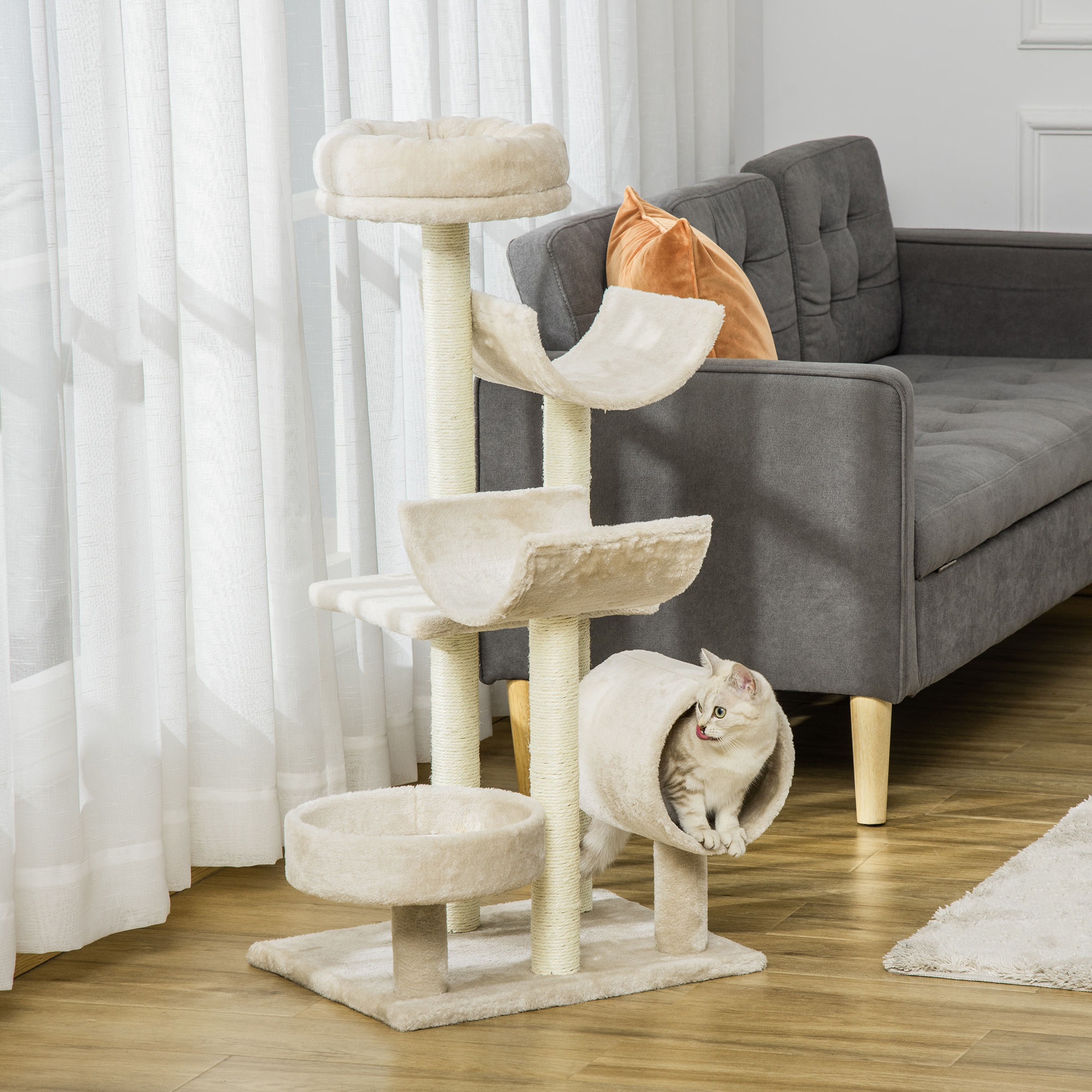 Katzenbaum Katzenkratzbaum Katzen Kletterbaum Kratzbaum Spielzeug Tunnel Beige L50 x B40 x H105 cm