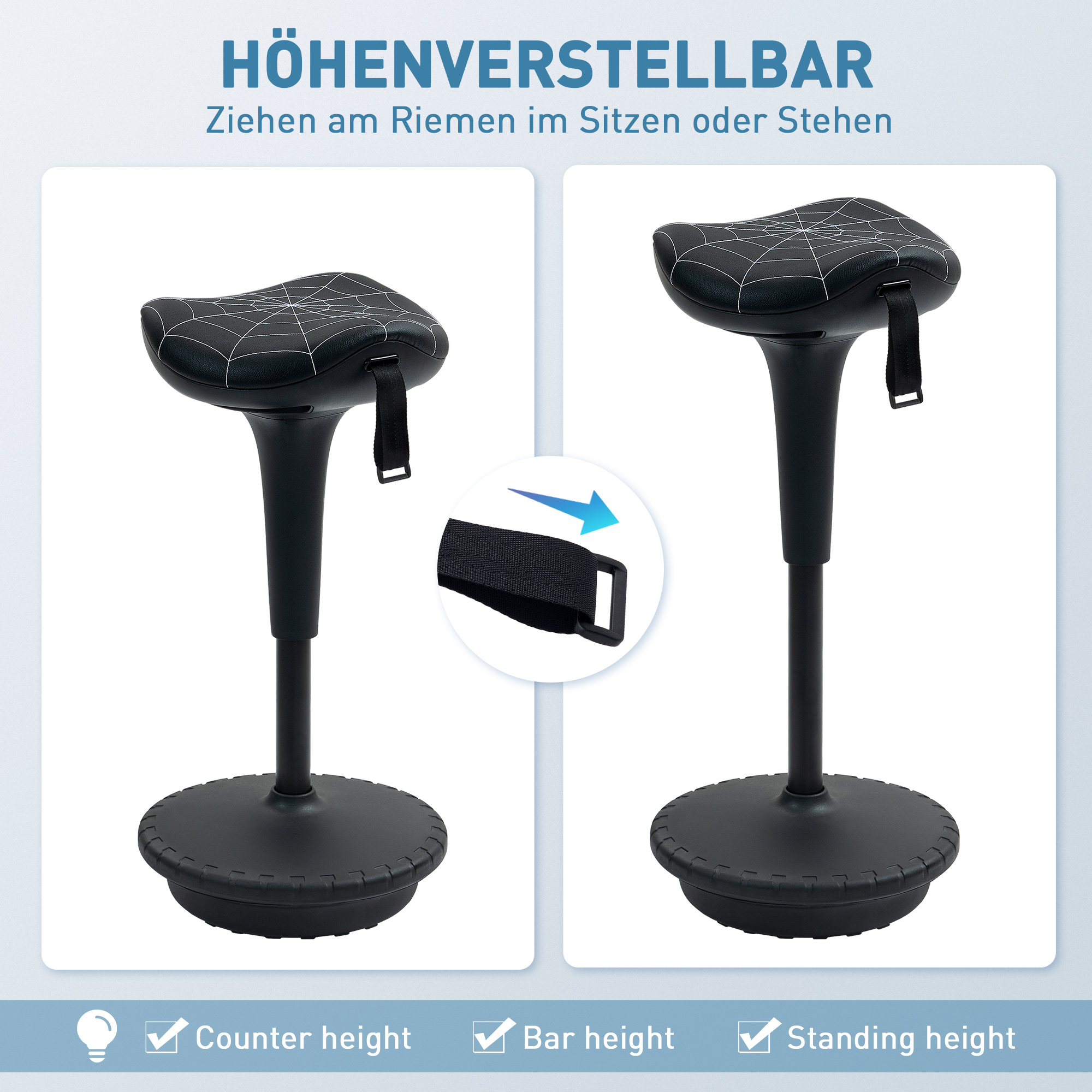 Bürohocker mit Schwenkfunktion, ergonomischer Hocker, höhenverstellbar 65,5-83,5 cm 120° neigbar Schwarz