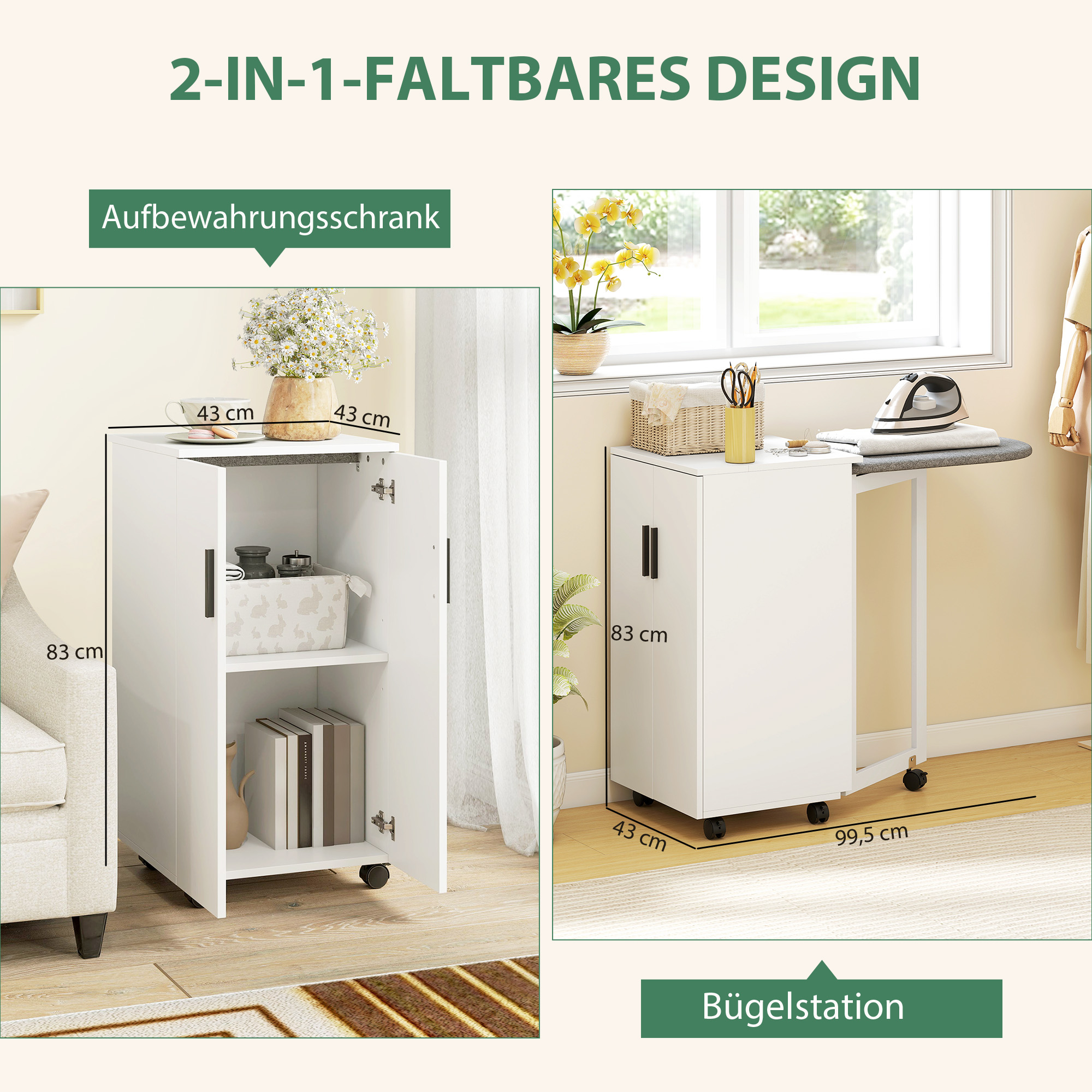 2-in-1 faltbarer Bügelbrettschrank auf Rollen mit Bügelbrett und verstellbarem Regal für kleine Räume, Weiß