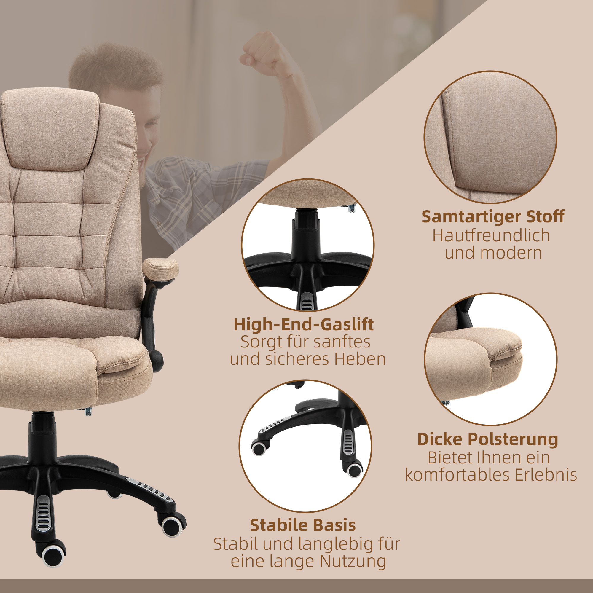 Massagesessel mit Wärmefunktion, Ergonomischer Schreibtischstuhl, höhenverstellbar, 68L x 72B x 110-120 cm, Braun