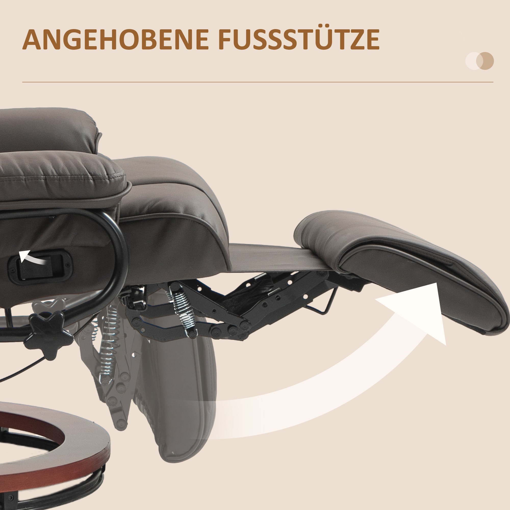 Relaxsessel mit Liegefunktion, drehbar, bis 150 kg, Kunstlederbezug, Stahlrahmen, Braun