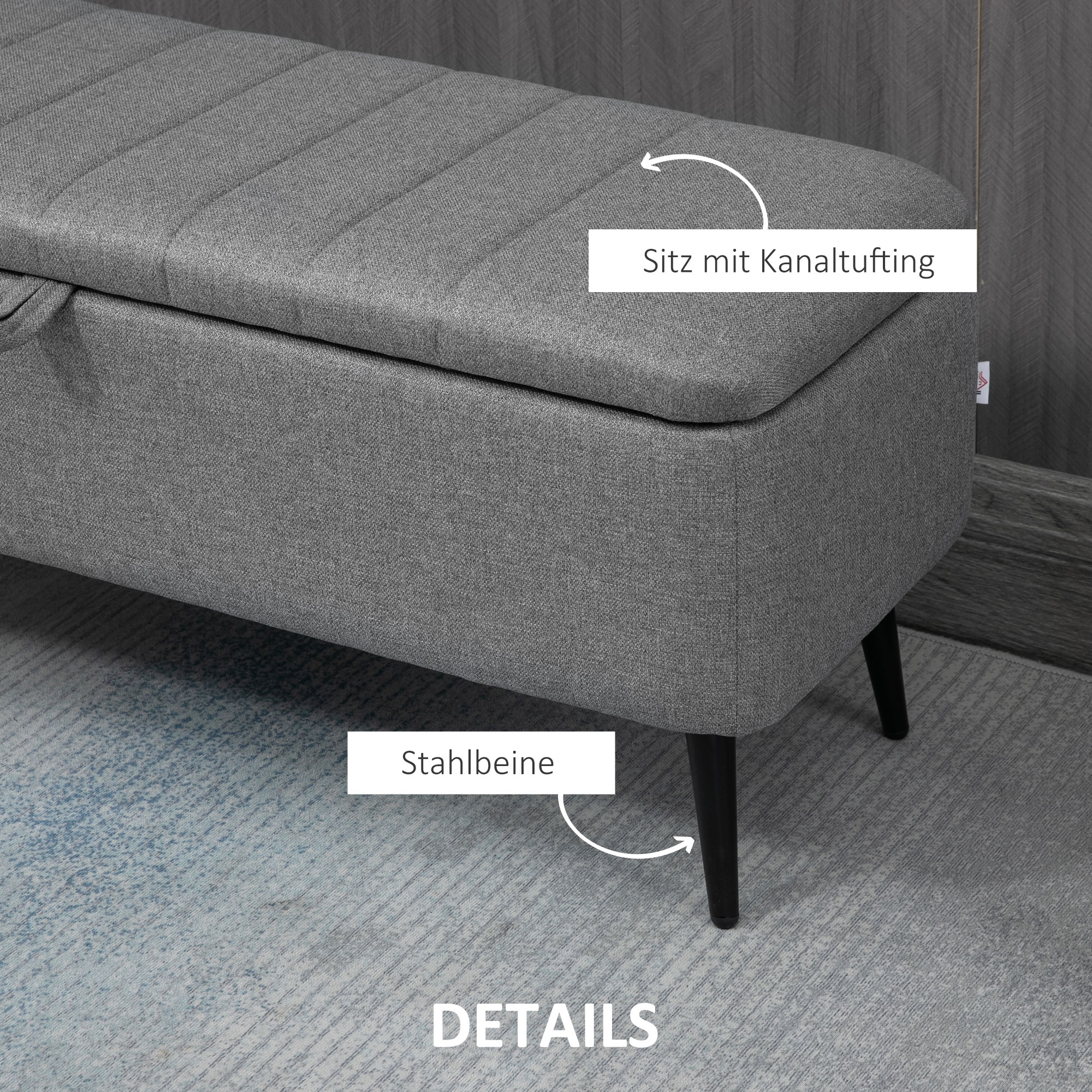 Sitzbank mit Stauraum Polsterbank mit Leinenoptik, Sitztruhe mit Stahlbeine 102 x 40 x 44 cm, Grau