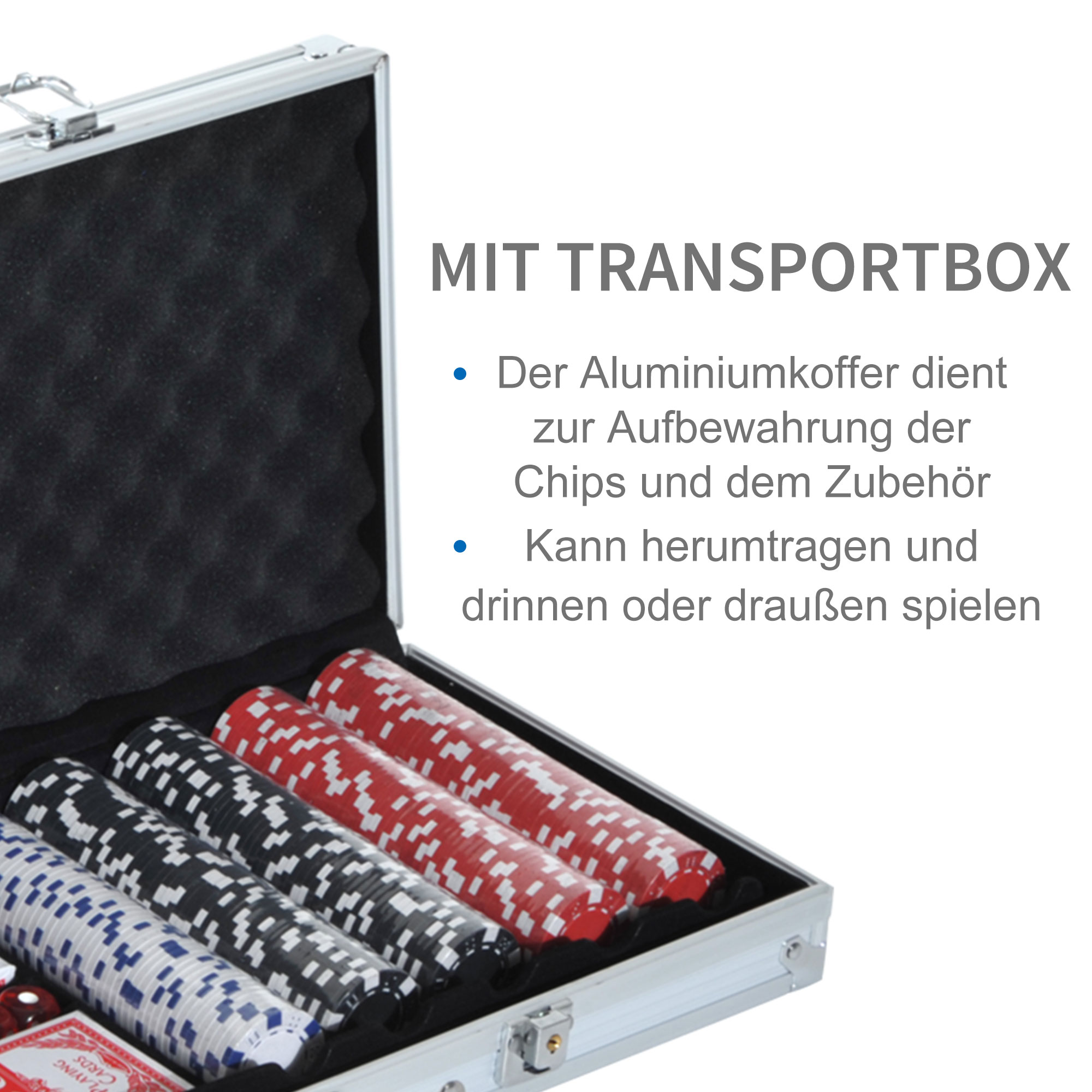 Pokerset, 500 Chips, 2 Kartendecks, 5 Würfel, Aluminium-Koffer, verschließbar