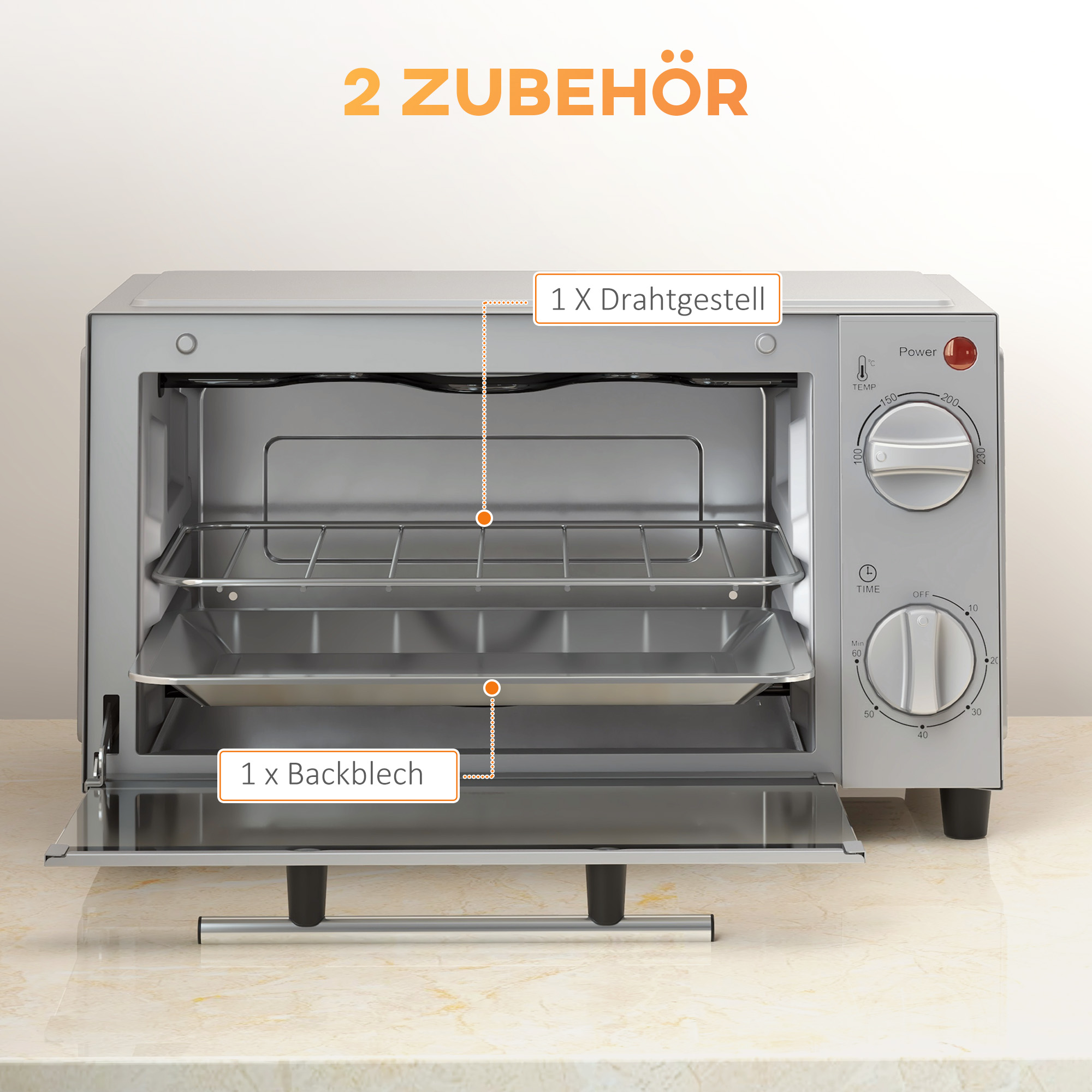 Minibackofen, 9 L Mini-Ofen mit Backblech, Grillrost, mit einstellbarer Temperatur und Garzeit, Edelstahl, Silber