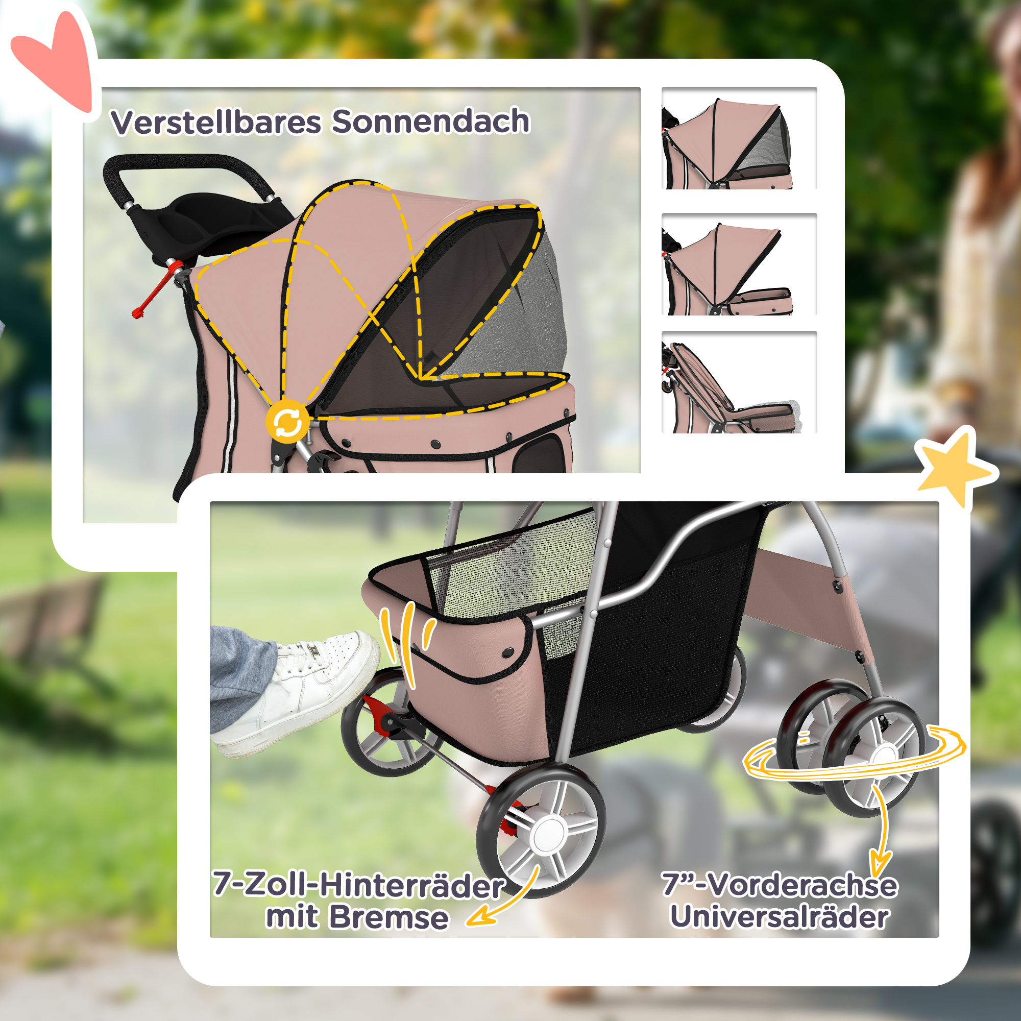 Hundewagen Faltbar Hundebuggy mit Reflektorstreif Aufbewahrungskorb Kissen für kleine Hunde bis 10 kg 77x44x102cm Kaffee