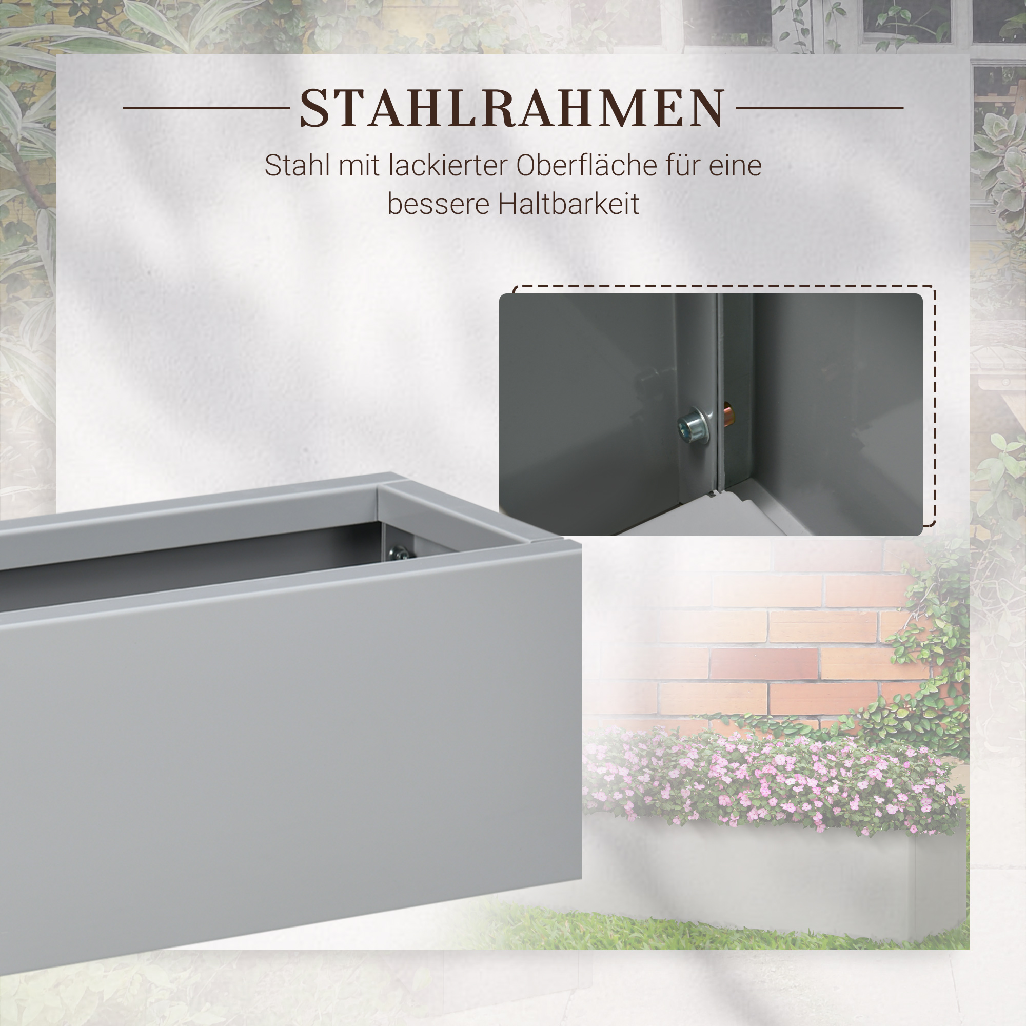 Pflanzkübel, lackierter Stahl, wetterbeständig, 91 cm x 22 cm x 22 cm, Grau