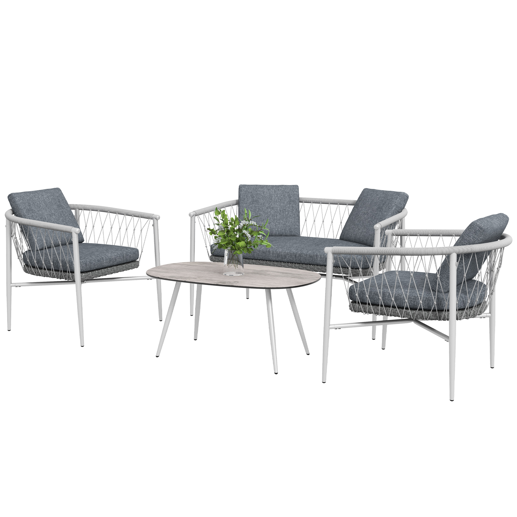 Gartengarnitur, 4-teilig, Schaukelfunktion, Sitzauflagen, Polyrattan, Metallgestell, Grau Gartengarnitur, 4-teilig, Schaukelfunktion, Sitzauflagen, Polyrattan, Metallgestell, Grau