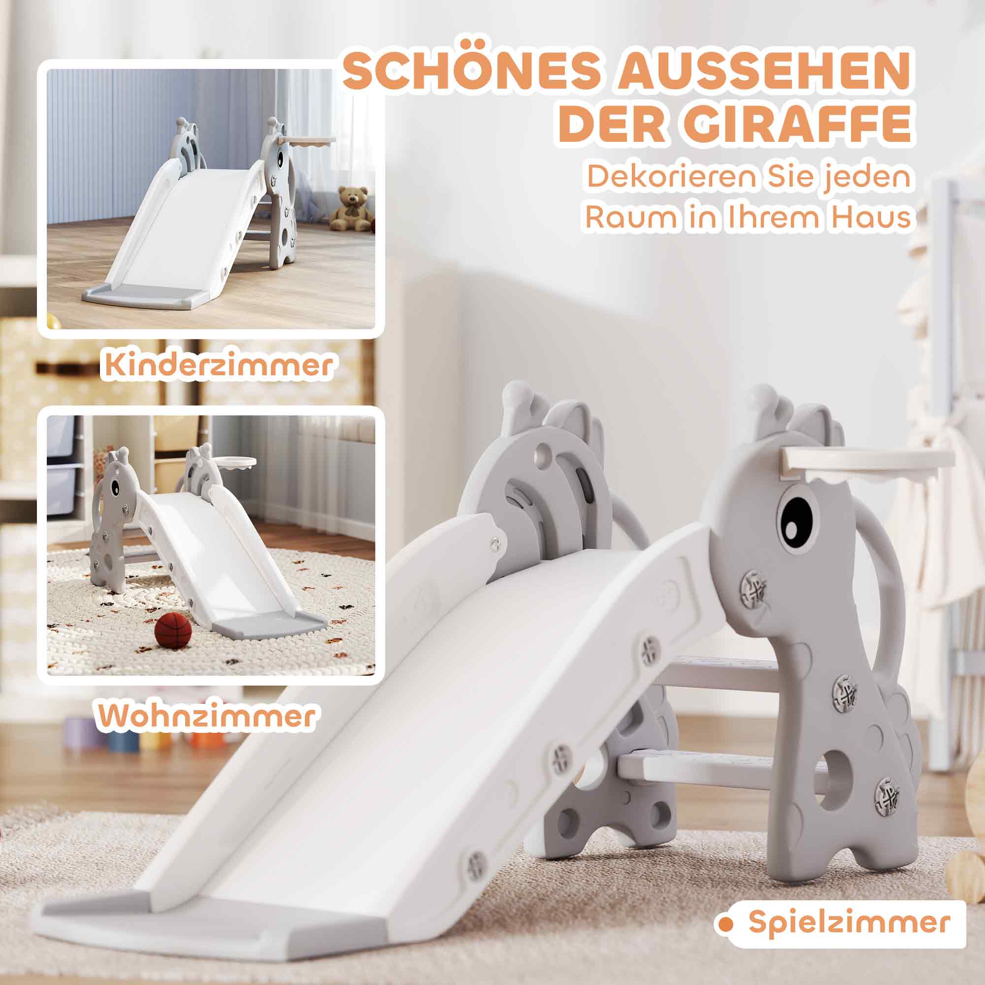 3-in-1 Rutsche für Kinder, Giraffenform, Basketballkorb, Ball, Grau