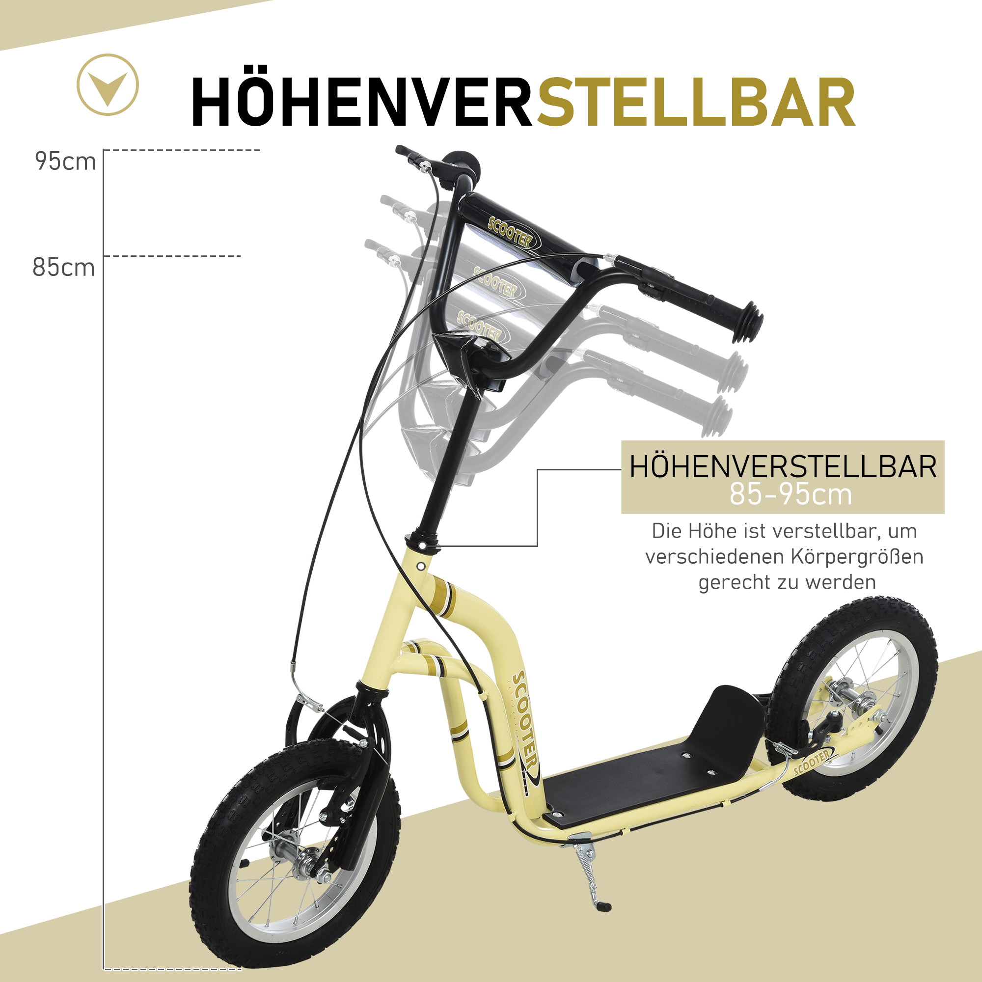Kinderroller ab 5 Jahre Scooter Kinderscooter Tretroller Cityroller Kinder Roller Kickboard mit Luftreifen 12 Zoll Gummi Aluminium Beige 120 x 58 x 85-95 cm