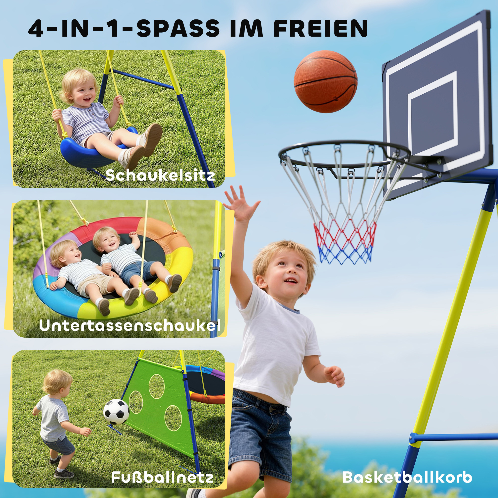 Schaukelgestell 4-in-1 Schaukel-Set bis 150 kg mit Nestschaukel Basketballkorb Fußballtor U-Schaukel 288 x 160 x 220 cm