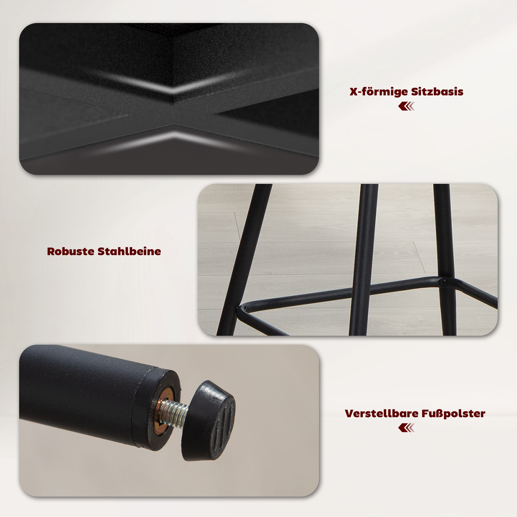 2er-Set Barhocker mit Rückenlehne und Fußstütze, Polsterstühle mit Stahlbeinen für Kücheninsel, Esszimmer, Hellgrau