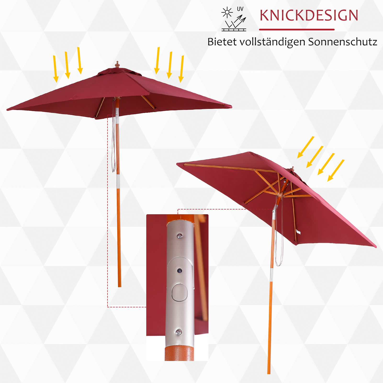 Sonnenschirm 200 x 150 x 235 cm Knickbarer Gartenschirm 3-stufig einstellbar rechteckig Strandschirm wasserabweisend und UV-beständig für Strand Balkon Terrasse Garten Weinrot