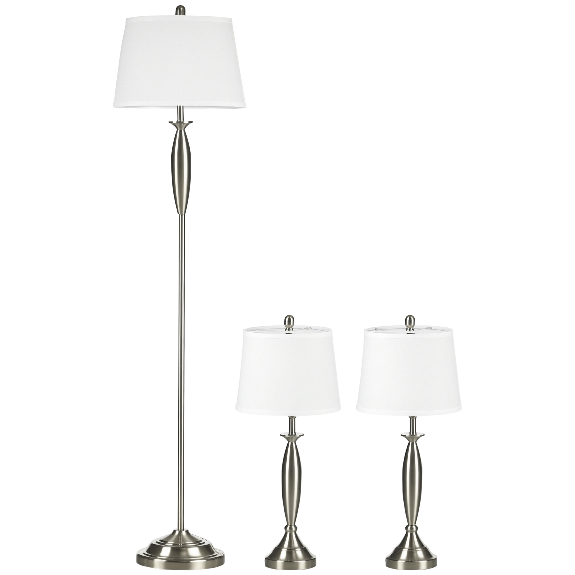 3-teiliges Leuchten-Set, 1 Stehleuchte, 2 Tischleuchten, Leinenoptik; 38 cm x 38 cm x 158 cm, Silber + Weiß 3-teiliges Leuchten-Set, 1 Stehleuchte, 2 Tischleuchten, Leinenoptik; 38 cm x 38 cm x 158 cm, Silber + Weiß
