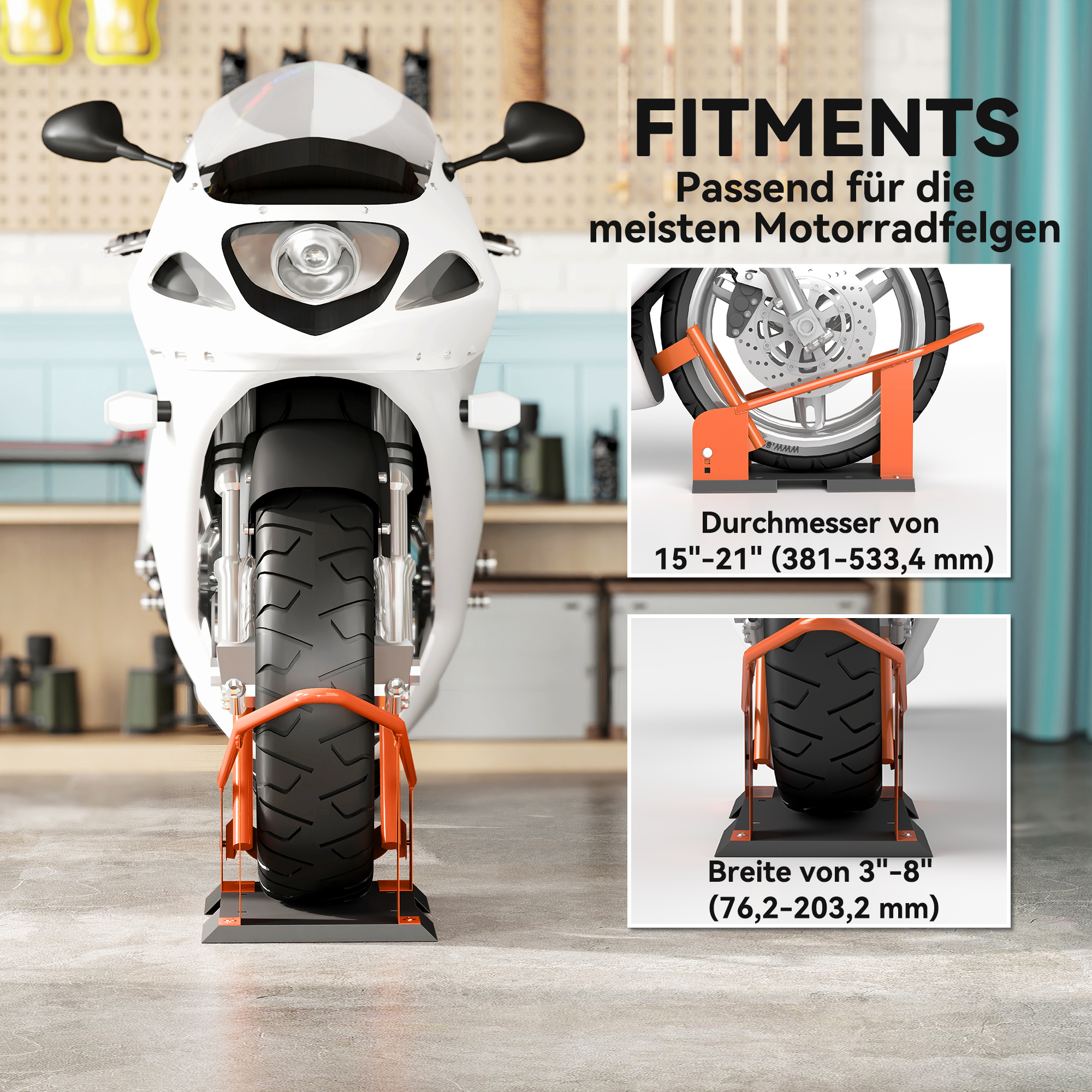 Motorradständer für 15-21", 381-533,4 mm Vorderrad, einstellbare Motorradwippe 816,5 kg Tragkraft Orange
