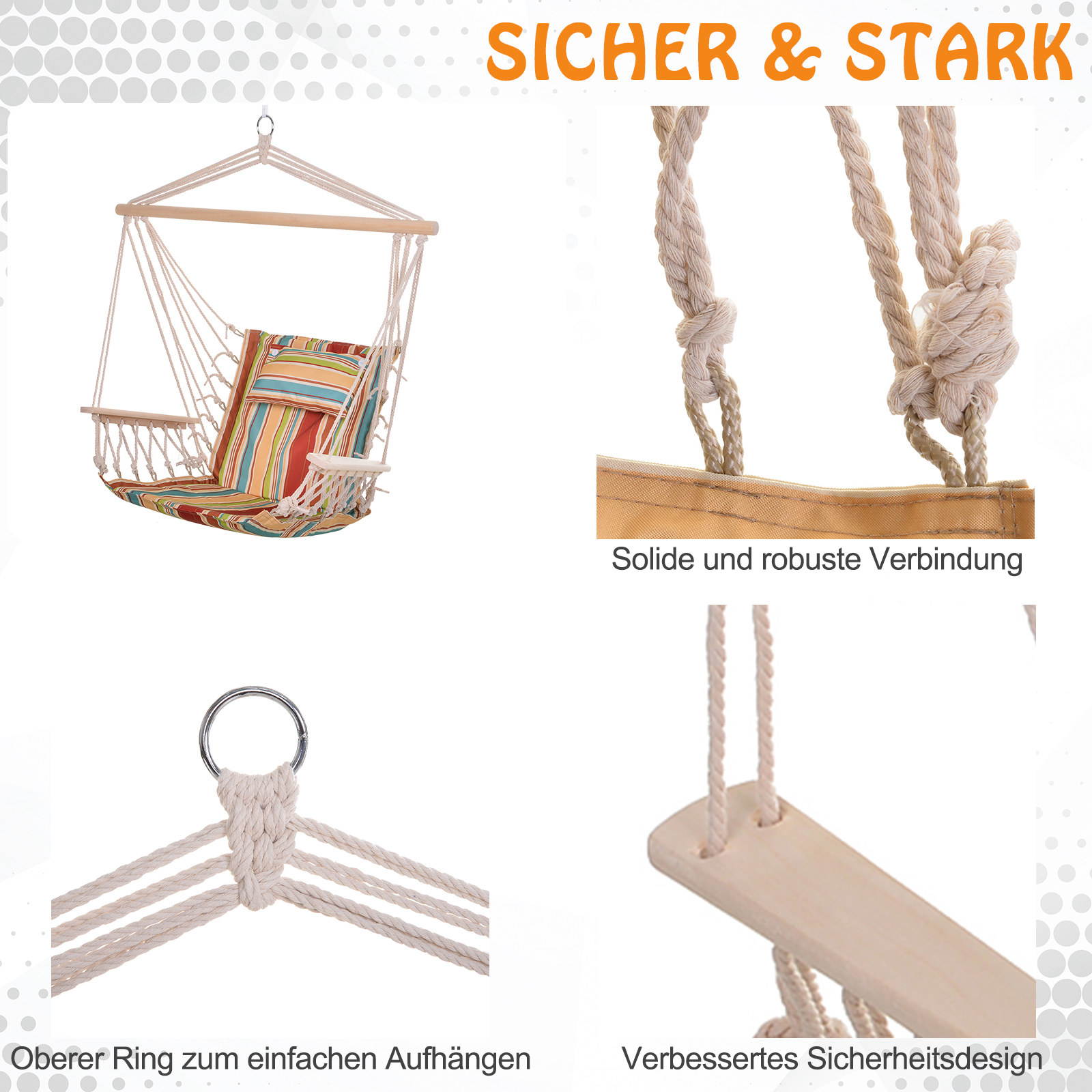 Hängesessel Hängeschaukel mit Querstrebe und Kissen Deckenhaken Gestell Hängestuhl bis 100kg belastbar Hängesitz für Indoor Outdoor Garten Terrasse Mehrfarbig