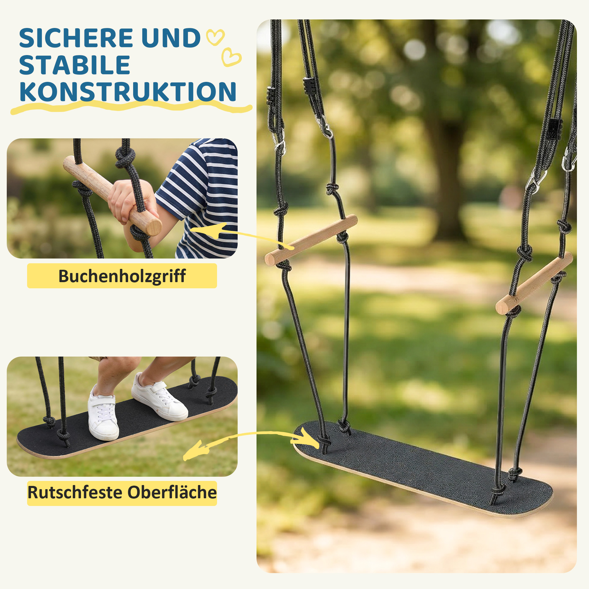 Skateboard Schaukel Kinderschaukel mit verstellbarer Höhe, rutschfestem Brett, wetterfestem Seil, Griffen Schwarz