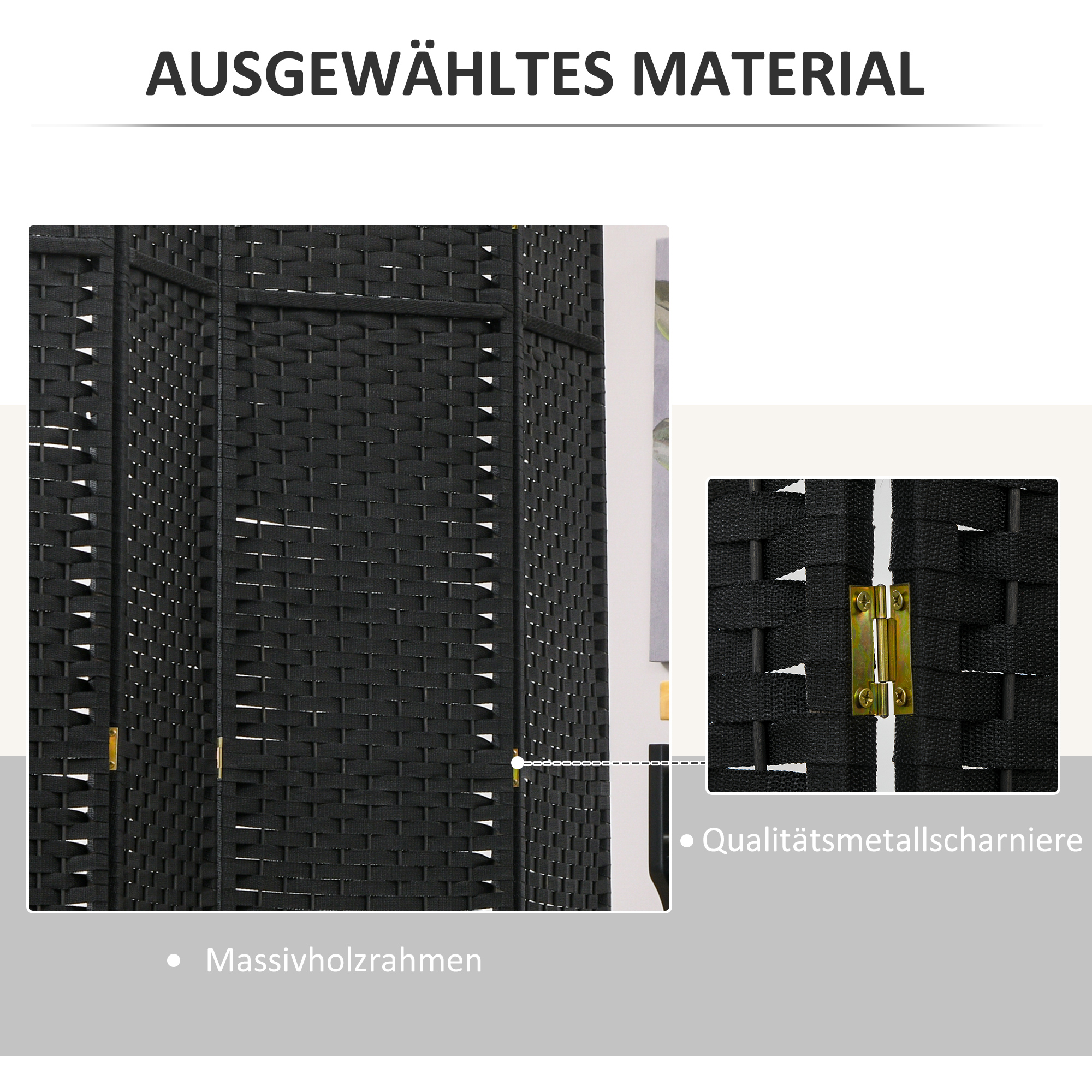 6-teiliger Raumtrenner, Faltbarer Sichtschutz, Sichtschutzwand für Wohnzimmer, Schlafzimmer, Homeoffice, Schwarz