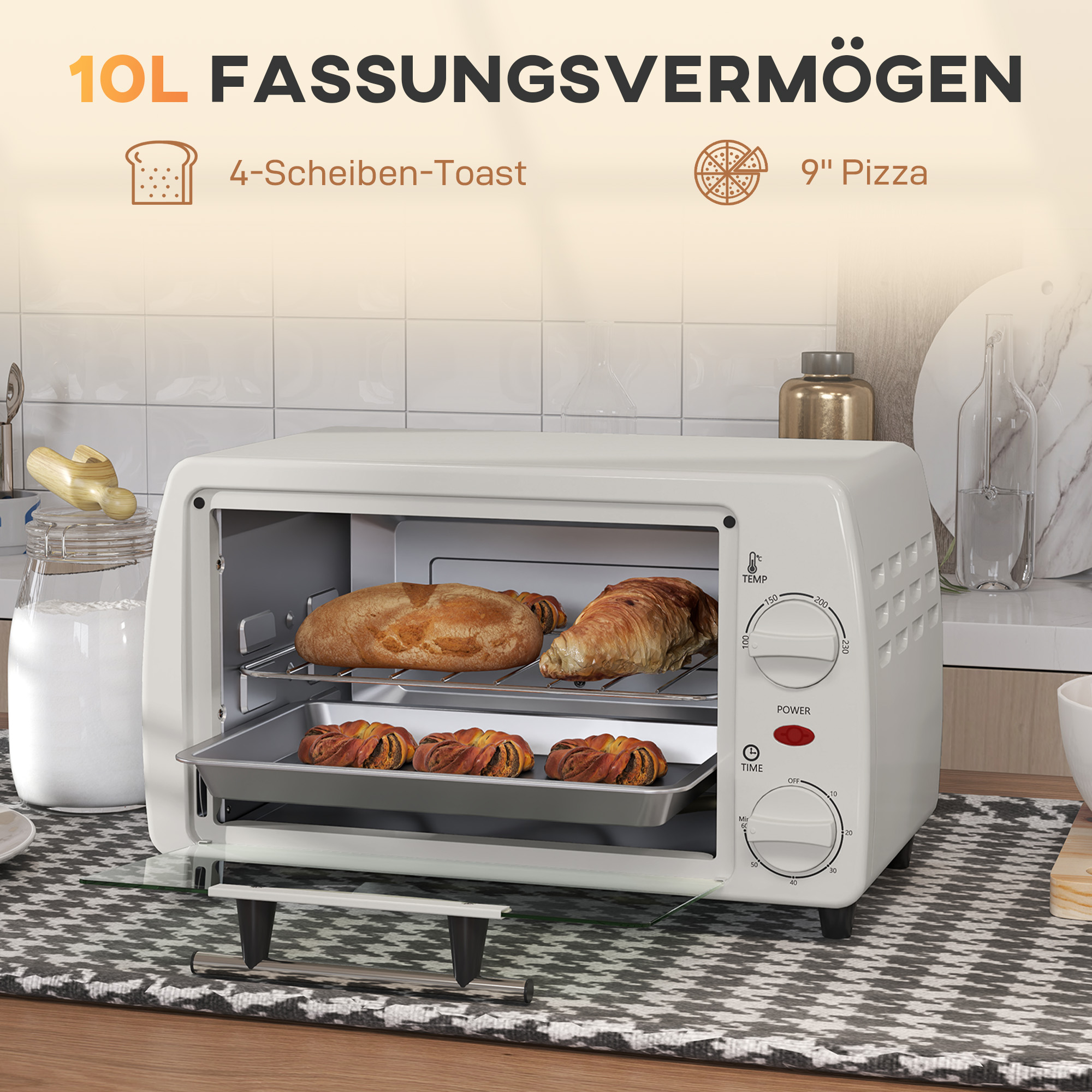 Mini-Ofen Toasterofen, 1 Backblech, 1 Grilrost, 10 L Kapazität, Timer-Funktion, 36,5 cm x 26 cm x 22 cm, Cremeweiß