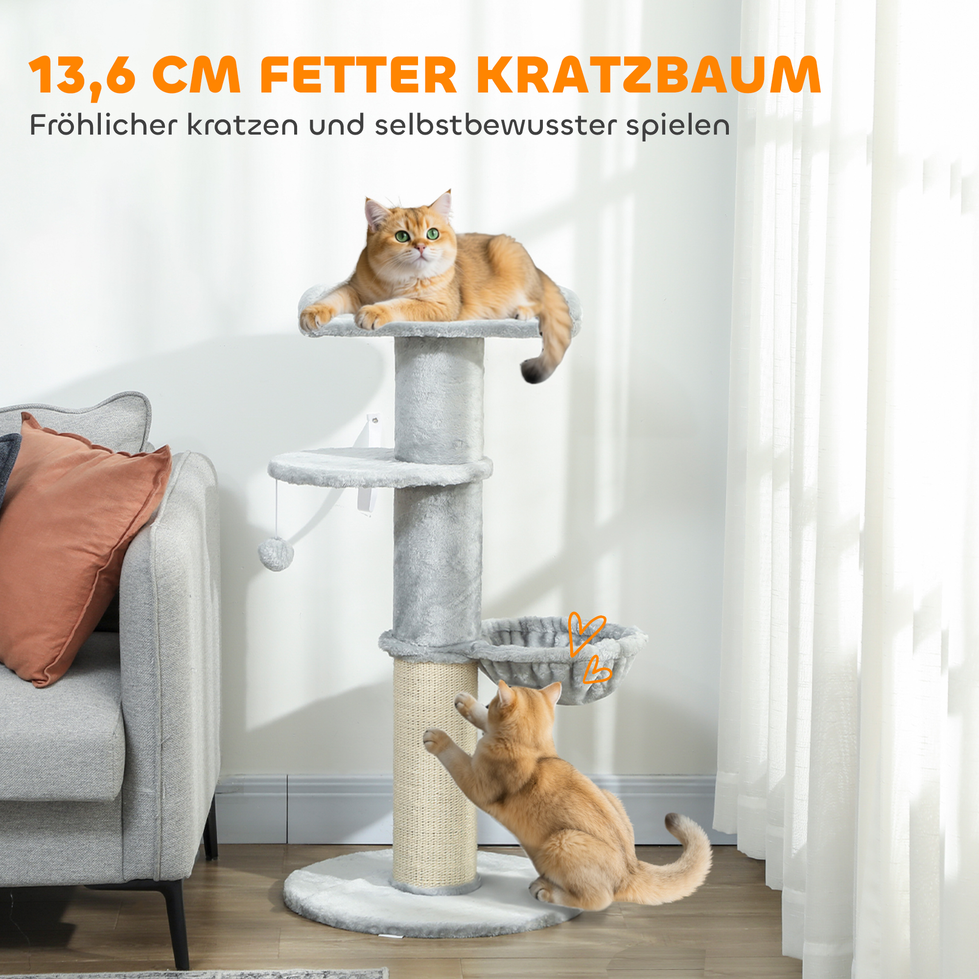 Katzenkratzbaum, Sisalpfosten, mehrstufig, Plüschstoff, hängende Kugel, Hellgrau