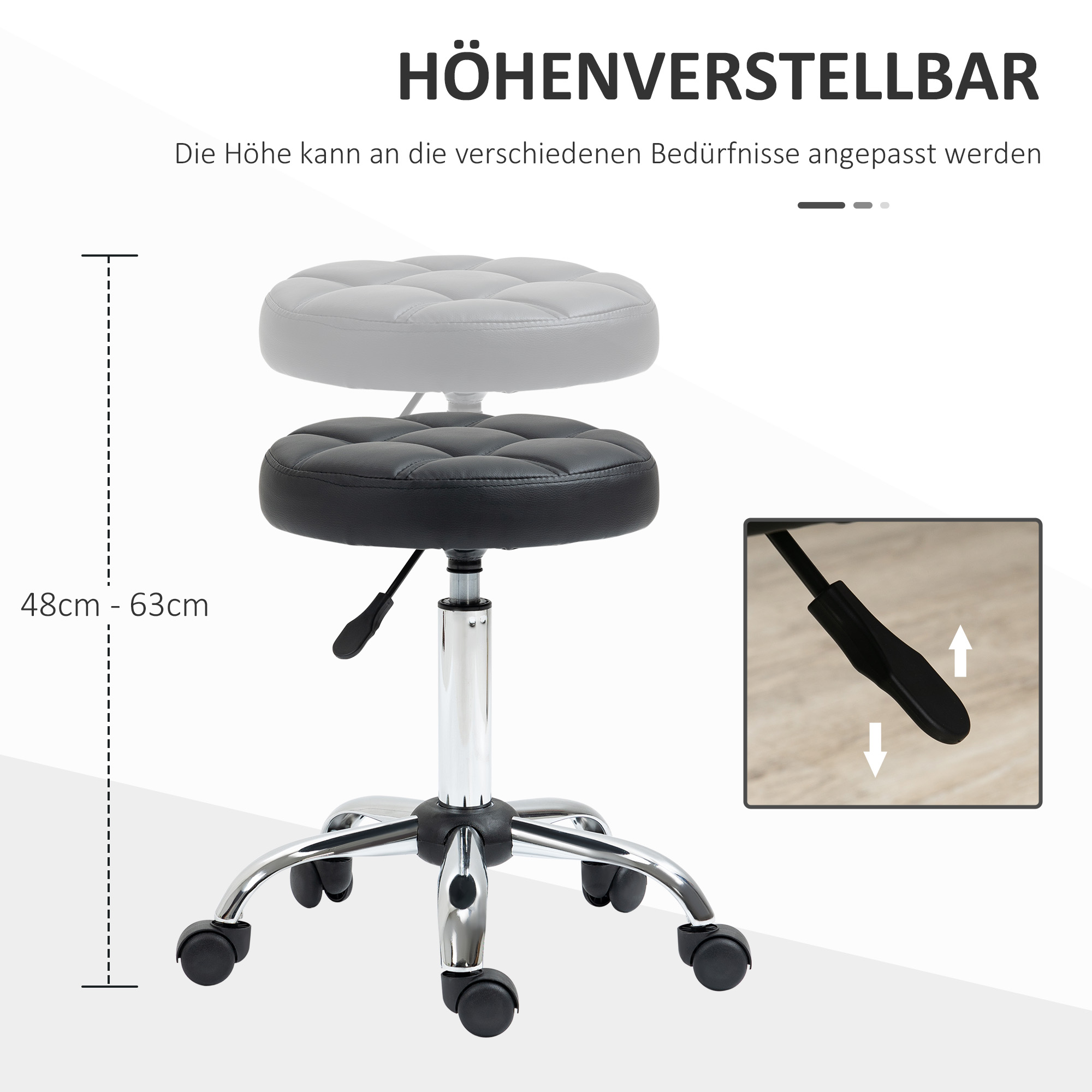 Drehhocker, Salonhocker, höhenverstellbar, Kunstleder, Steppdesign, Schwarz/Silber