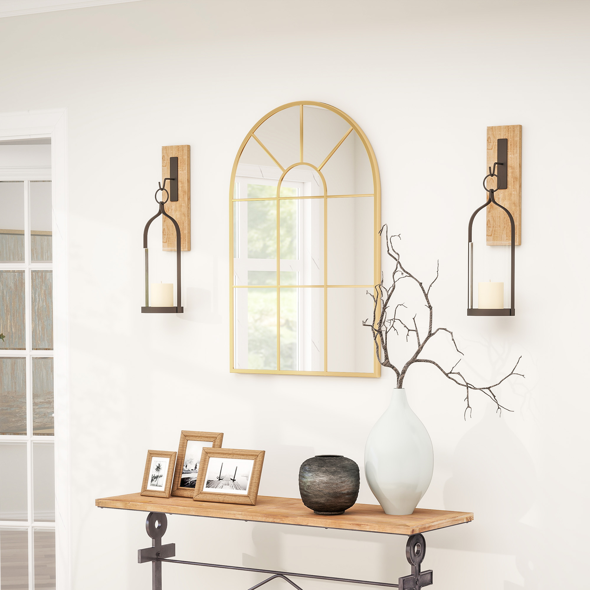 Wandspiegel, Fenster-Design, Flurspiegel, Metallrahmen, 91 x 60 cm, Gold