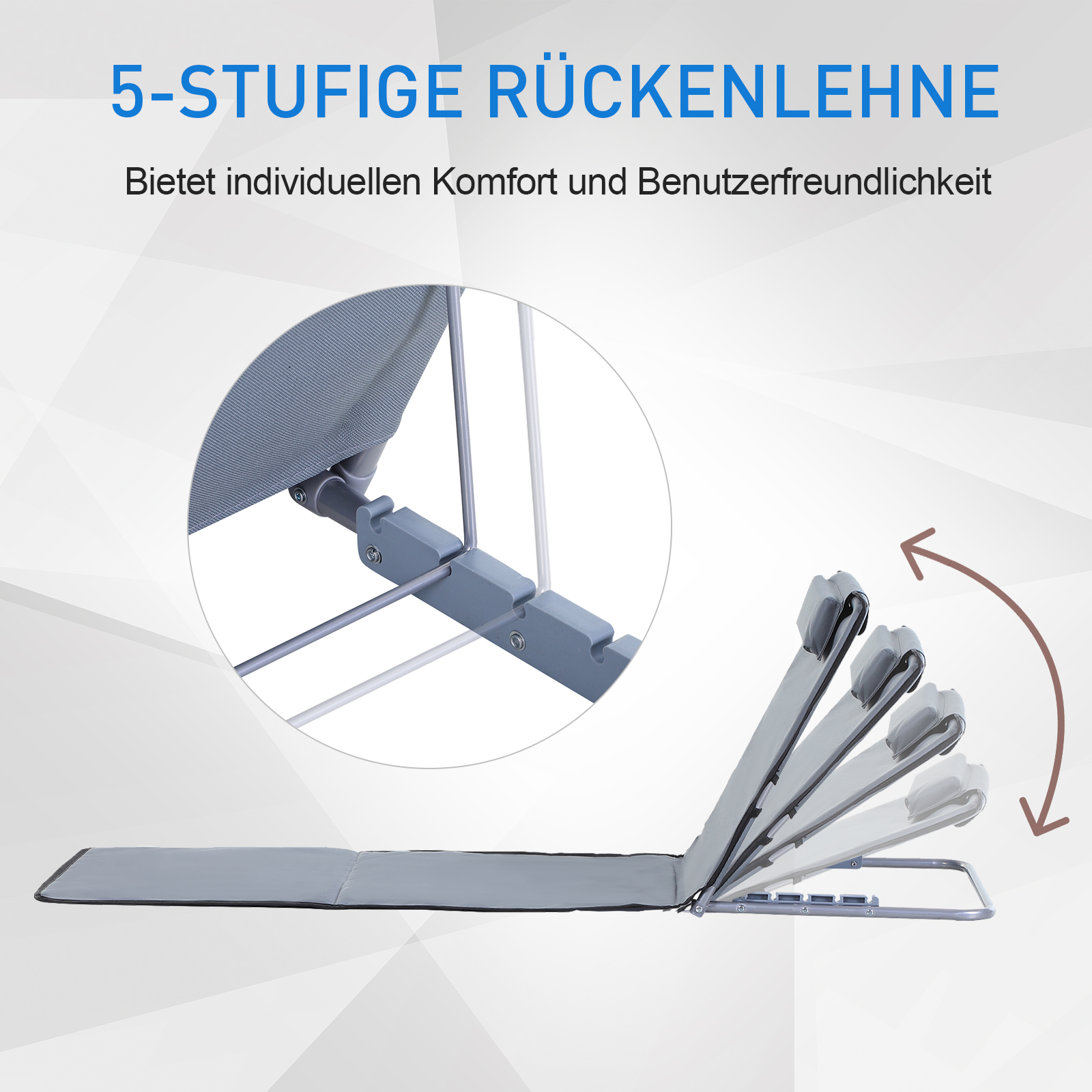 Sonnenliege klappbar Gartenliege mit Kopfkissen Liegestuhl mit 5-Fach verstellbare Rückenlehne Strandliege mit Tragetasche Gartenstuhl für Garten Urlaub Outdoor Strand Pool, Grau