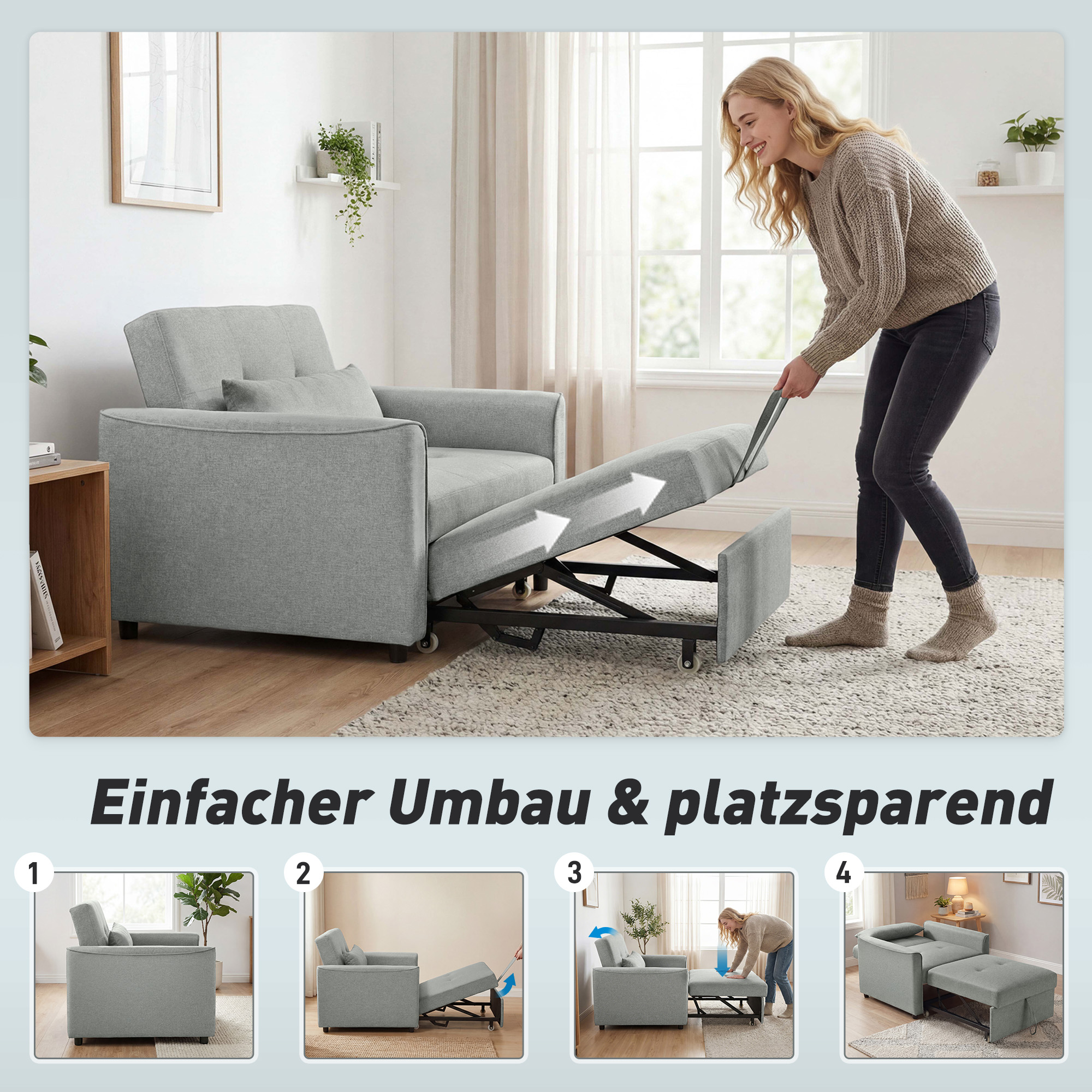 3-in-1 Schlafsessel, Ausziehbarer Sofa-Bett Sessel mit Verstellbarer Rückenlehne, Grau