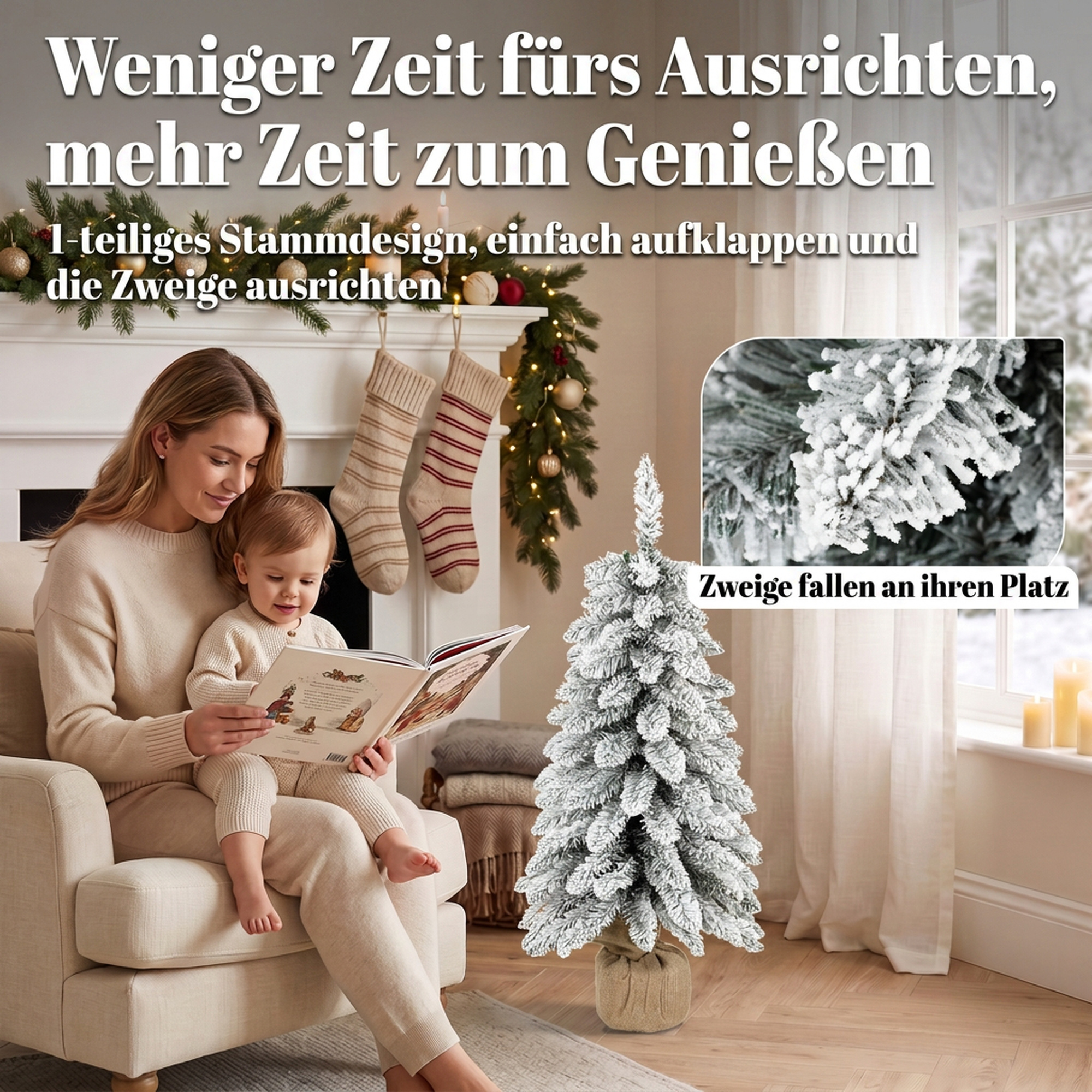 künstlicher Weihnachtsbaum, 90 cm (3 ft), schlanker Pencil-Baum mit 107 Zweigspitzen, Jutebasis, Weiß