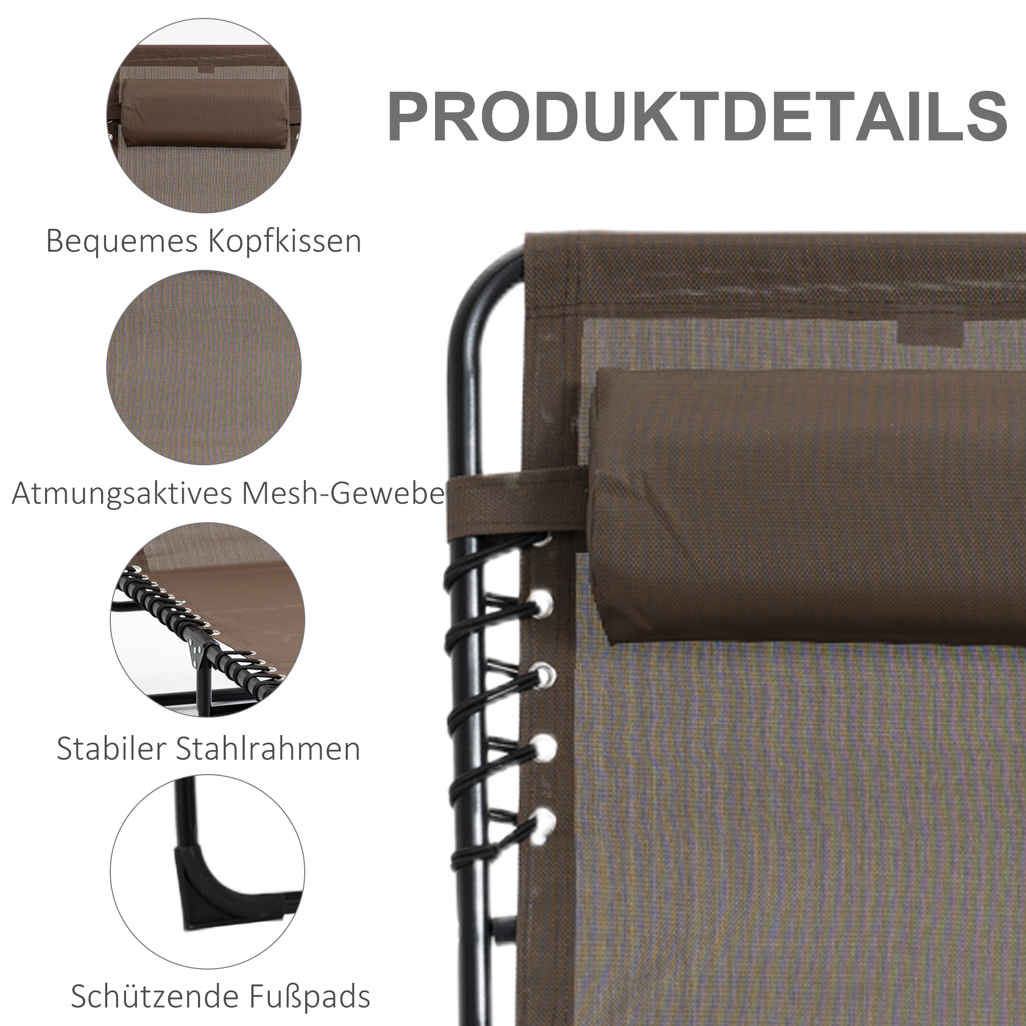 Liegestuhl, Zusammenklappbare Liege mit Nackenkissen, Stahlrahmen, Netzstoffbezug, 120 kg Belastbarkeit, Braun