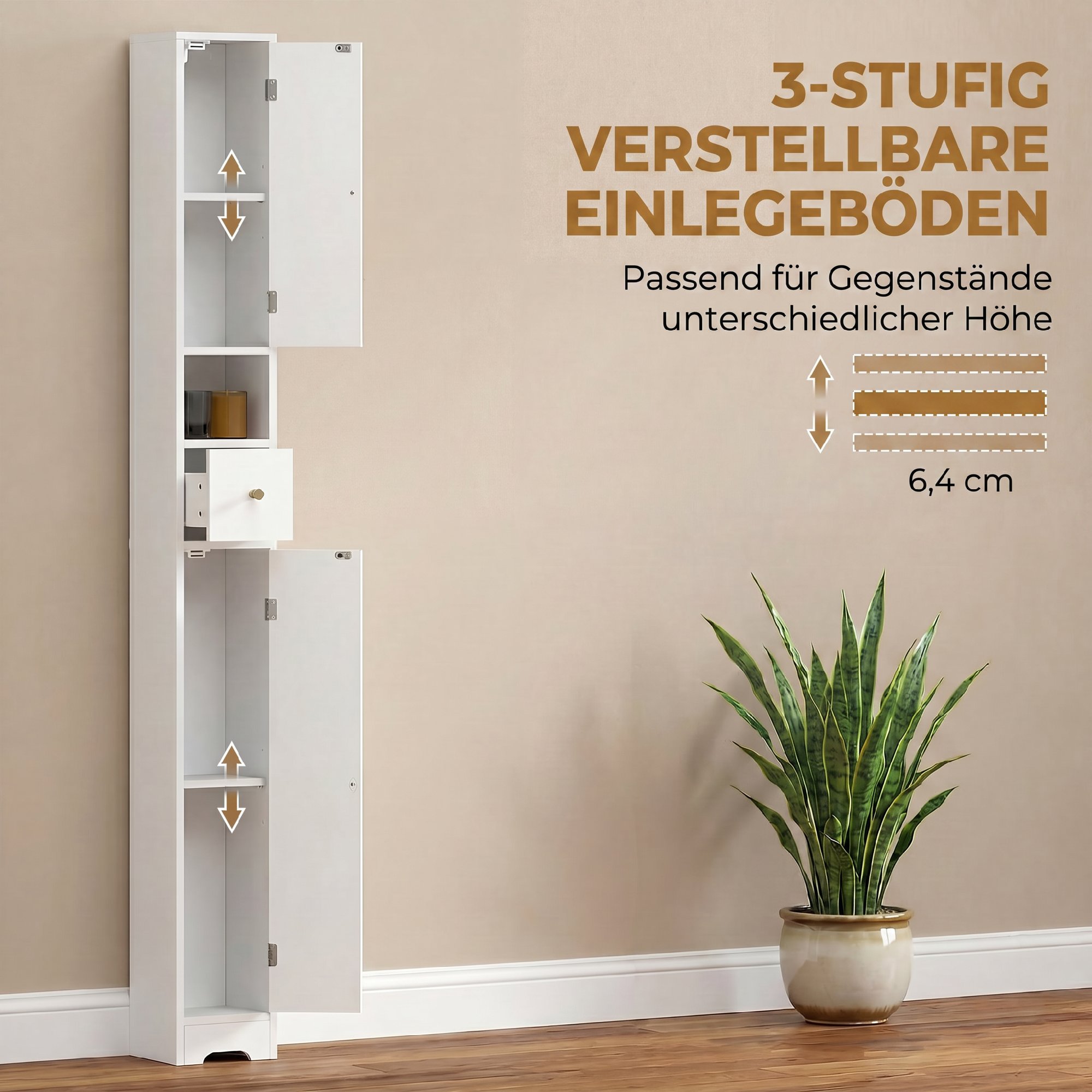 Badezimmerschrank schmaler Badschrank mit Schublade gewölbten Türen offenem Fach verstellbare Ablage 20x20x185 cm Weiß
