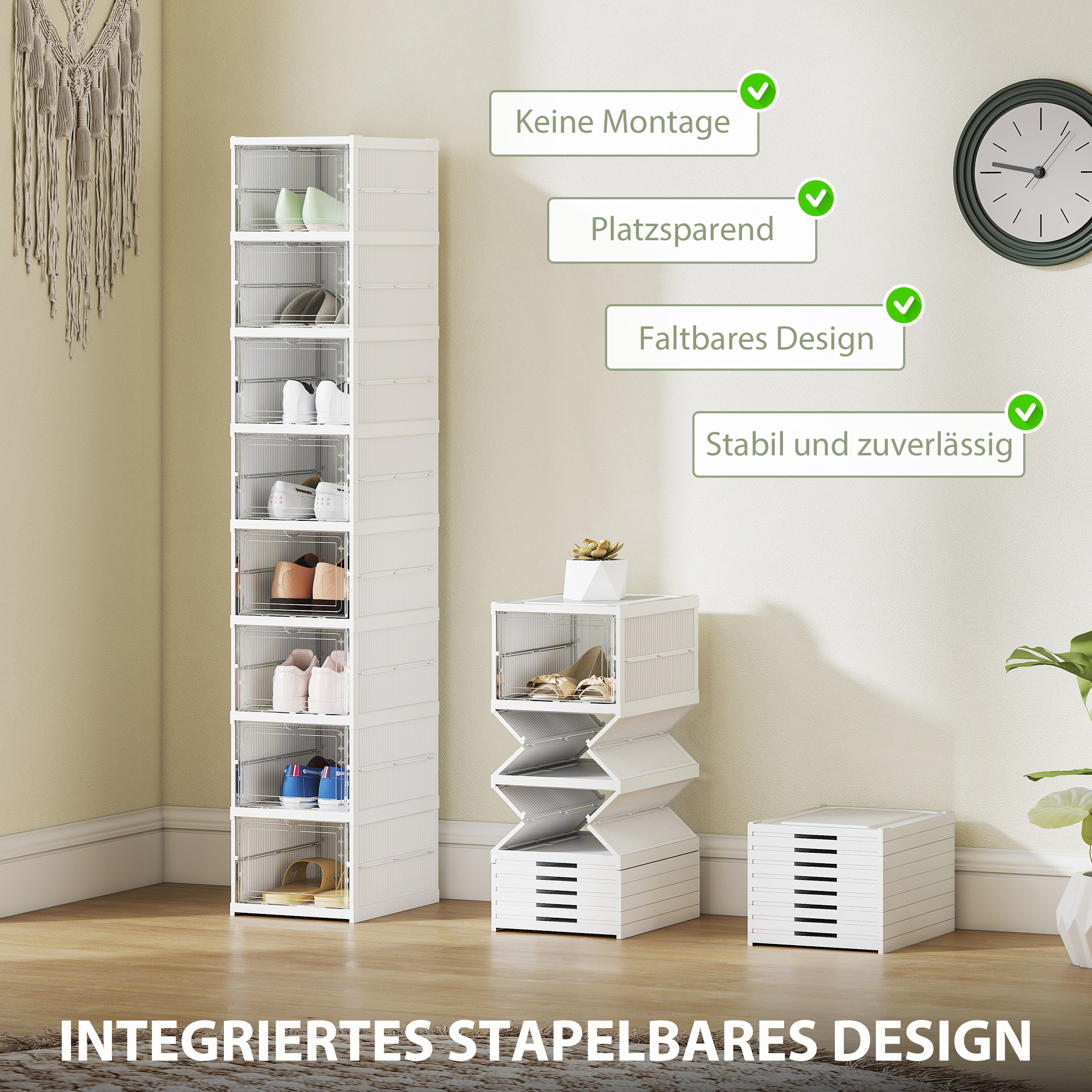8-stufiges Schuhregal, Schuhschrank, faltbar, belüftete Rückseite, Kunststoff, Weiß