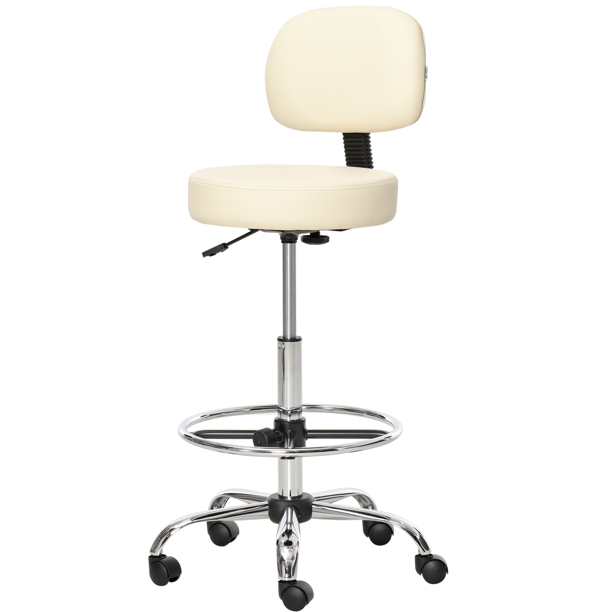 Barhocker Drehstuhl Höheverstellbarer Barstuhl mit Rollen aus Kunstleder-Leder Arbeitshocker Bürohocker 360° schwenkbar mit Lehne Gepolstertet Beige 56 x 57 x 104-127 cm