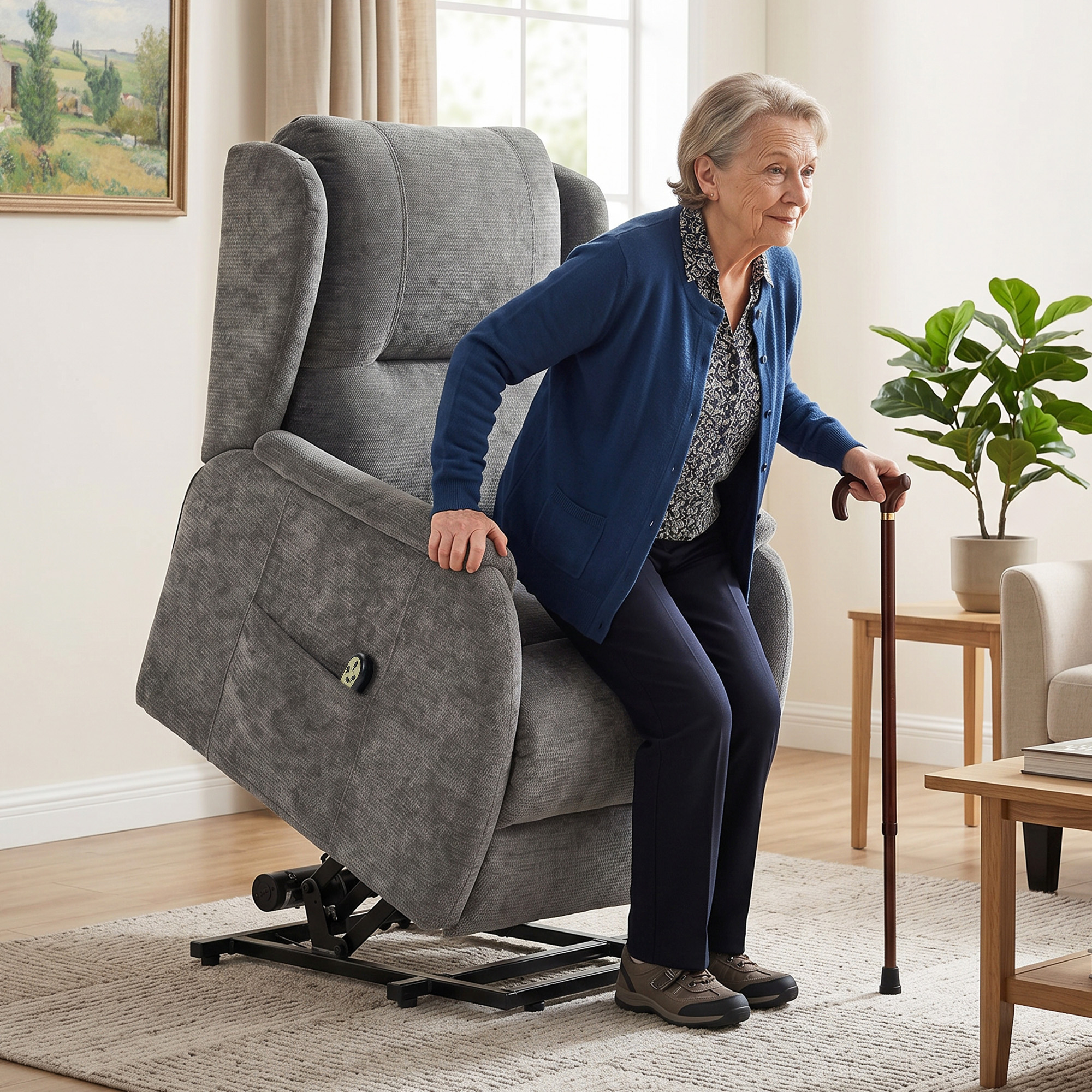 Fernsehsessel Relaxsessel mit Aufstehhilfe für Senioren, Chenille-Optik, mit Fernbedienung und Seitentaschen, Dunkelgrau