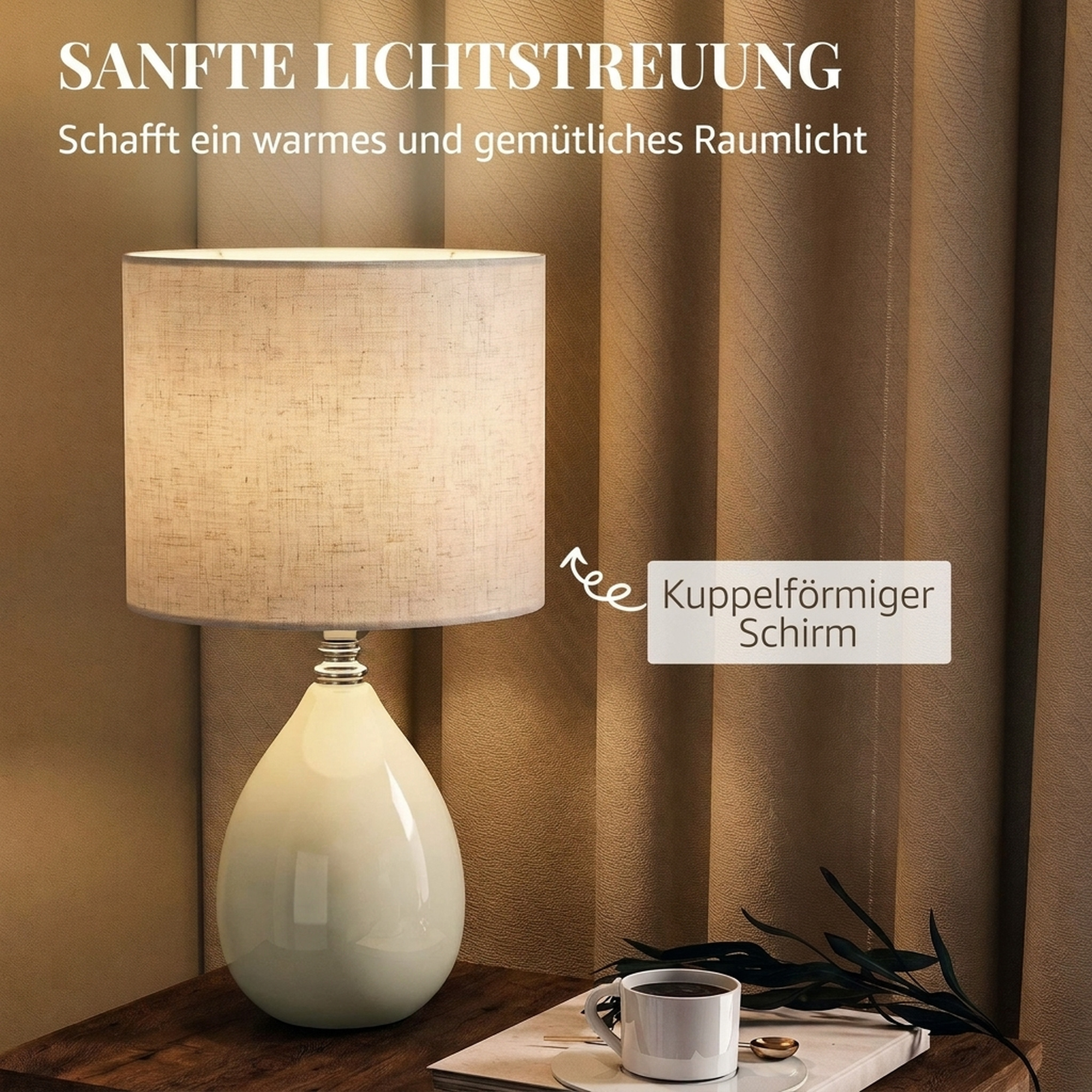 Tischlampe Tischleuchte, Vintage Nachttischlampe Schreibtischlampe mit Keramiksockel, Leinenschirm Kabel, E27 Fassung