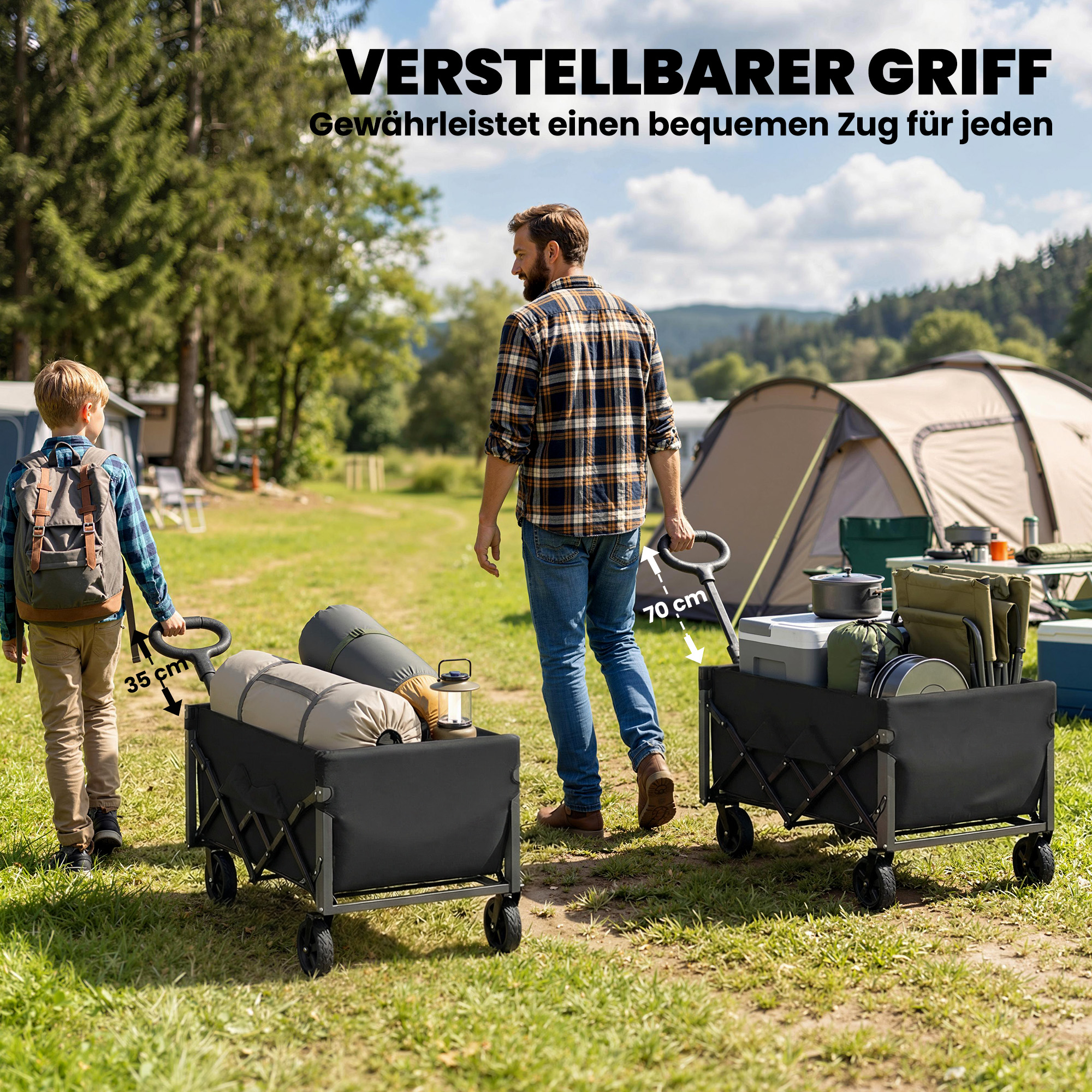 Bollerwagen 60L Faltbarer Handwagen Gartenwagen Transportwagen mit Teleskop Griff Heckklappe Getränkehalter
